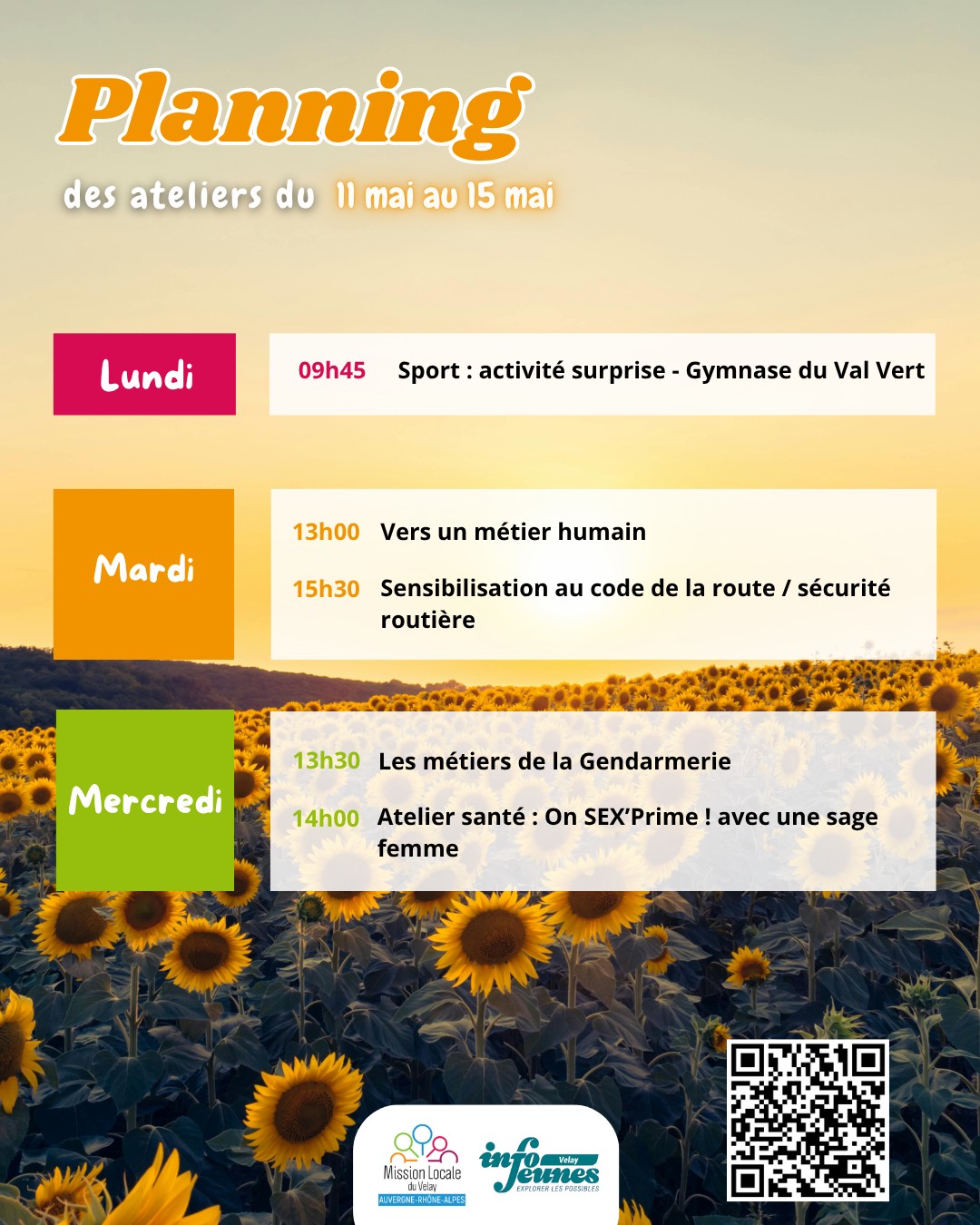 Inscription aux atelier via l'application Ma Mission Locale ou via le QR Code