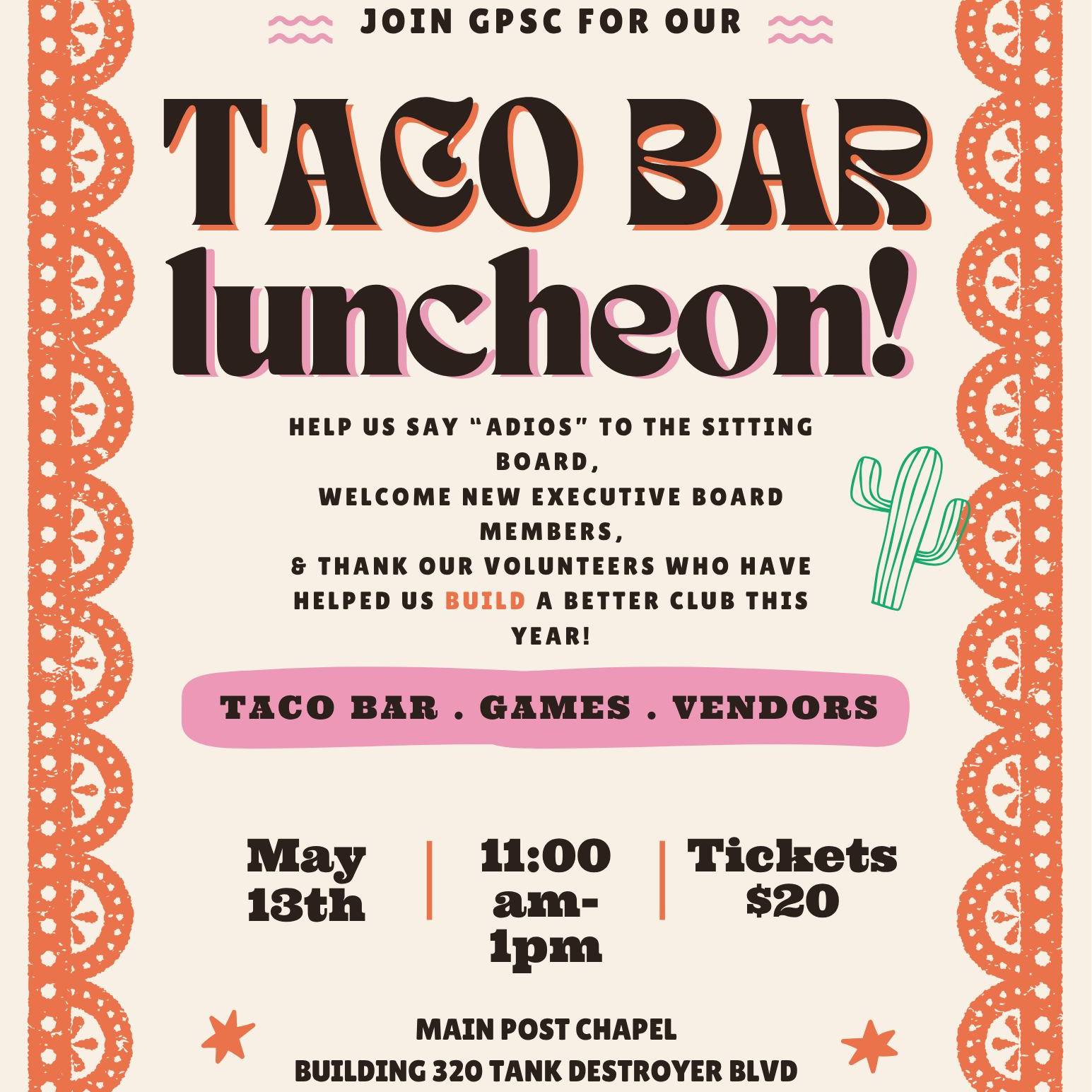 And just like that... its here! The end of another great year! 😭
Please join us for our final luncheon on May 13, 2026, at the Main Post Chapel.
We will have a taco bar, vendors, games, prizes, and will be welcoming new board members and bidding old board members "Adios!"
Tickets are $15 and can be purchased through Zeffy: https://www.zeffy.com/en-US/ticketing/may-luncheon-4
