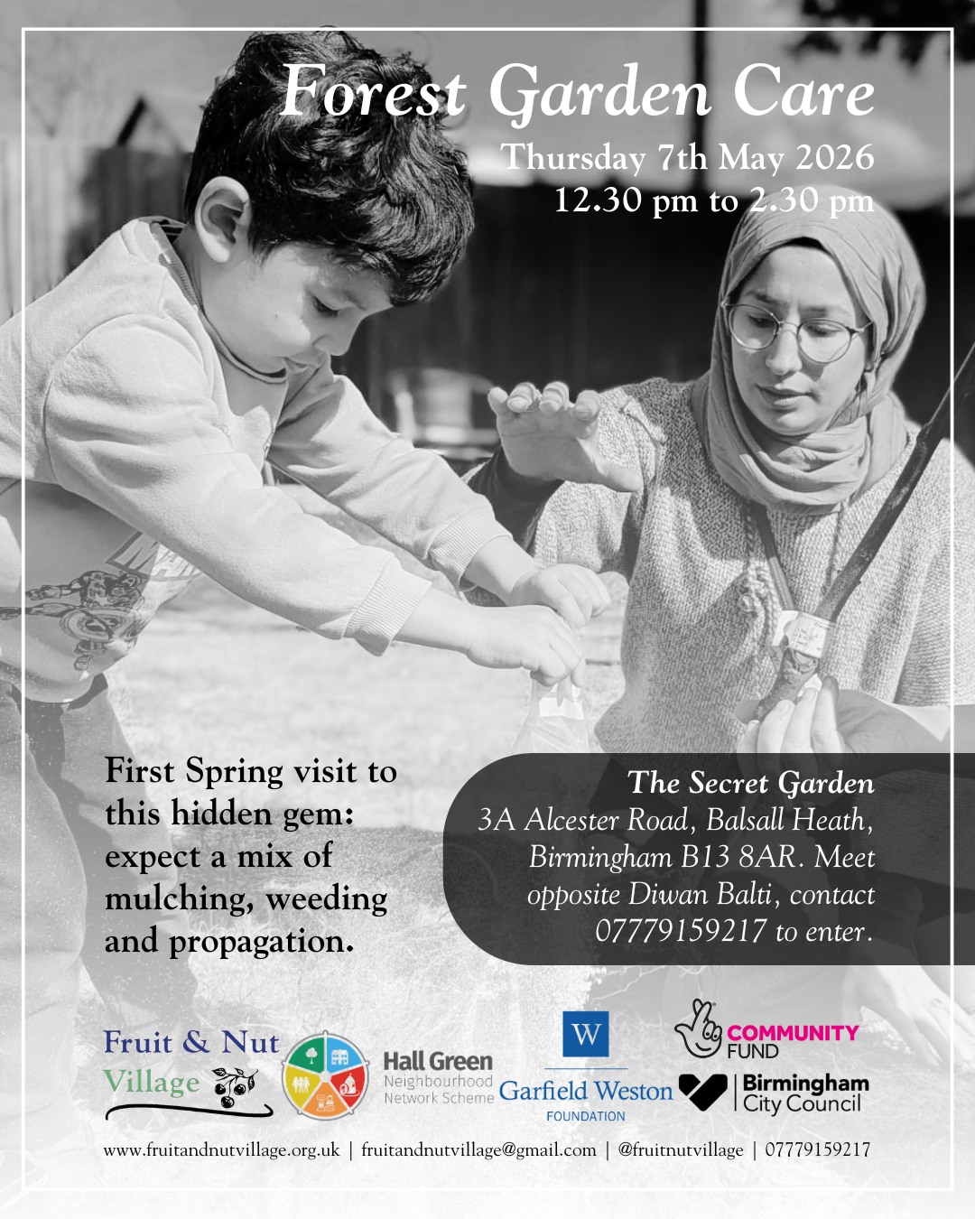 Forest Garden Care Session
Thursday 7th May 2026 | 12.30 pm to 2.30 pm | The Secret Garden
First #Spring visit to this hidden gem in #BalsallHeath: expect a mix of mulching, weeding and propagation.
The Secret Garden - 3A Alcester Road, Balsall Heath, Birmingham B13 8AR. Meet opposite Diwan Balti, contact 07779159217 to enter.