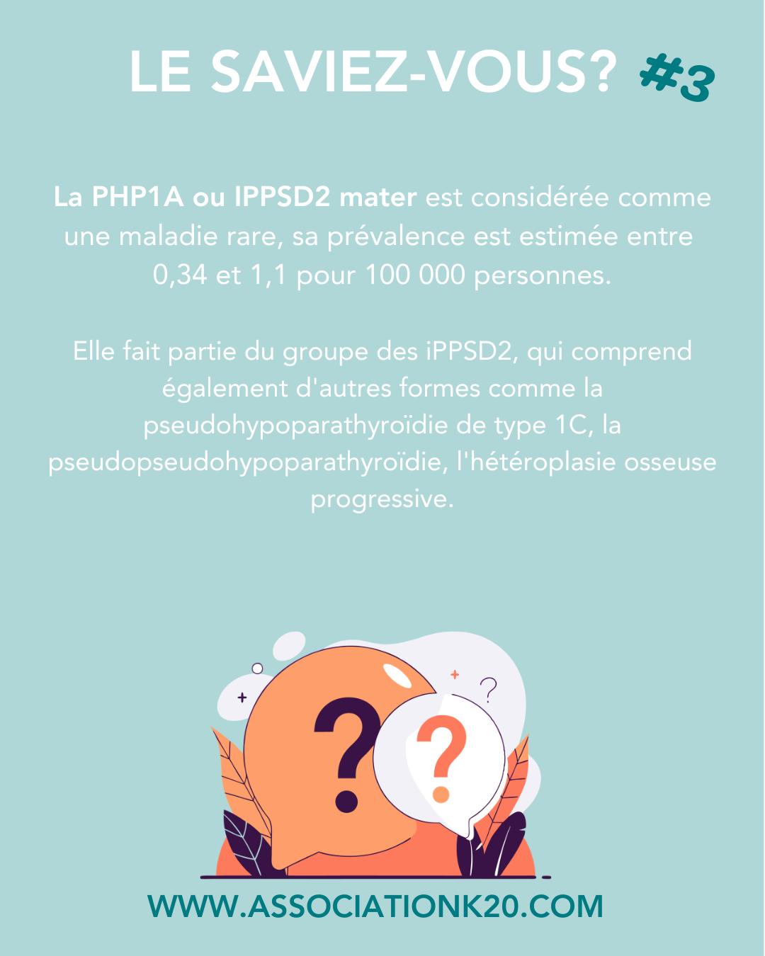 📌 Le saviez-vous ? #3
La pseudohypoparathyroïdie de type 1A (PHP1A) fait partie des maladies rares liées à un dysfonctionnement du signal PTH/PTHrP (groupe iPPSD2). 👉 Sa prévalence exacte n’est pas connue, mais elle est estimée entre 0,34 et 1,1 pour 100 000 habitants, ce qui la rend difficile à diagnostiquer et souvent méconnue.
Elle est associée à d’autres formes rares comme :
– PHP1C
– Pseudopseudohypoparathyroïdie
–Hétéroplasie osseuse progressive (HOP)
🎯 En parler, c’est aider les familles concernées à mieux vivre, à mieux comprendre, et à se sentir moins seules.
🔗 En savoir plus sur : www.associationK20.com
#PHP1A #MaladiesRares #iPPSD #Sensibilisation #AssociationK20 #Santé #InformerPourAgir #SoutienAuxPatients #Chromosome20