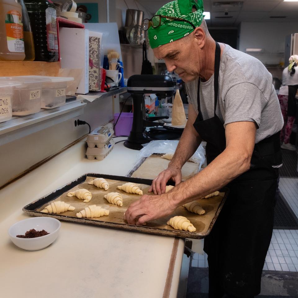 Master croissant baker/artiste preparing for the day…they’ve been a spectacular success. We’ve doubled production to keep up with demand for organic croissants. Made with organic flour. #croissant #croissants