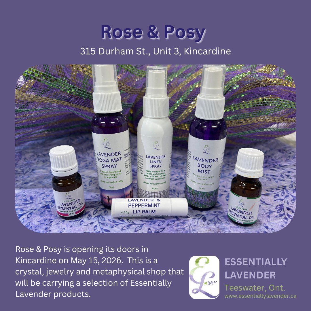 Rose and Posy is opening its doors in Kincardine on Friday, May 15th. This crystal, jewelry and metaphysical shop will be carrying a selection of Essentially Lavender products as well.
#roseandposy #crystals #jewelry #metaphysical #kincardine #essentially_lavender #lavenderproducts #brucecounty #explorethebruce #teeswater