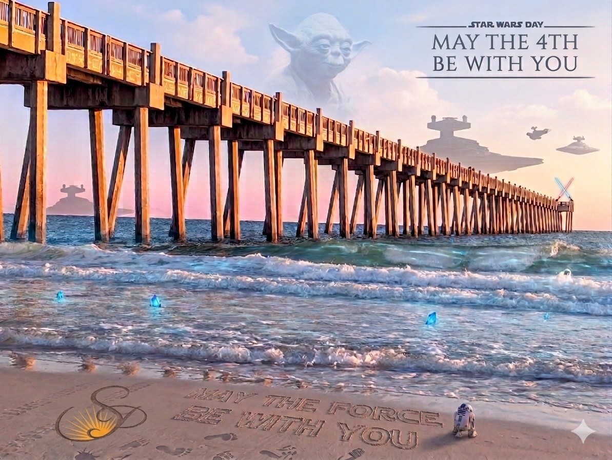 The sun rises over the "Gulf of Galaxies," and a familiar, sparkling visitor has appeared on the horizon. May the 4th be with you on your adventures today!
#StarWarsDay #MayTheFourthBeWithYou #PensacolaBeach #FloridaLife #BeachDay #Sunset #SciFiRealism