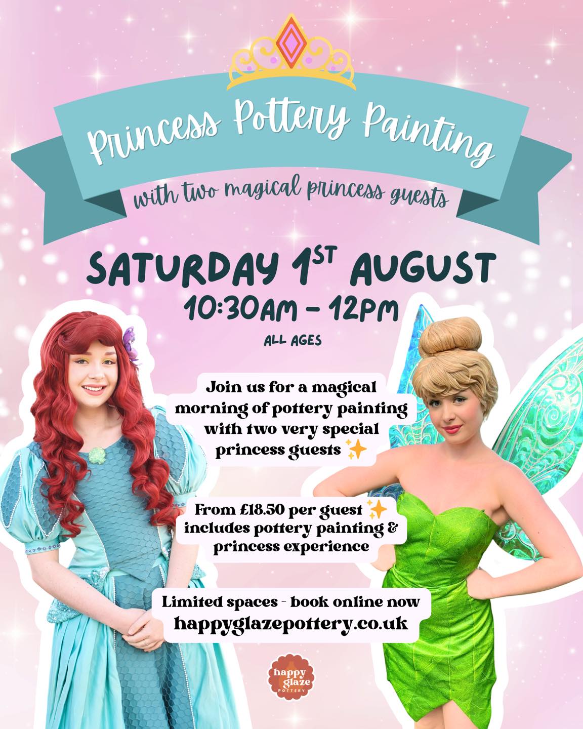 Princess Pottery Painting is BACK ✨👑
Join us on Saturday 1st August for a magical morning of pottery painting with two very special princess guests 💫
Think meet & greet moments, photos, a little bit of singing, and lots of creative fun… all while painting your own pottery piece to treasure 🫶
Perfect for all ages and such a lovely summer holiday treat 💕
Spaces are limited (last one sold out quickly!) so we’d definitely recommend booking sooner rather than later ✨
Book online now
happyglazepottery.co.uk
#tiverton #devonmums #thingstododevon #kidsactivitiesdevon #schoolholidays #princessevent #potterypainting
