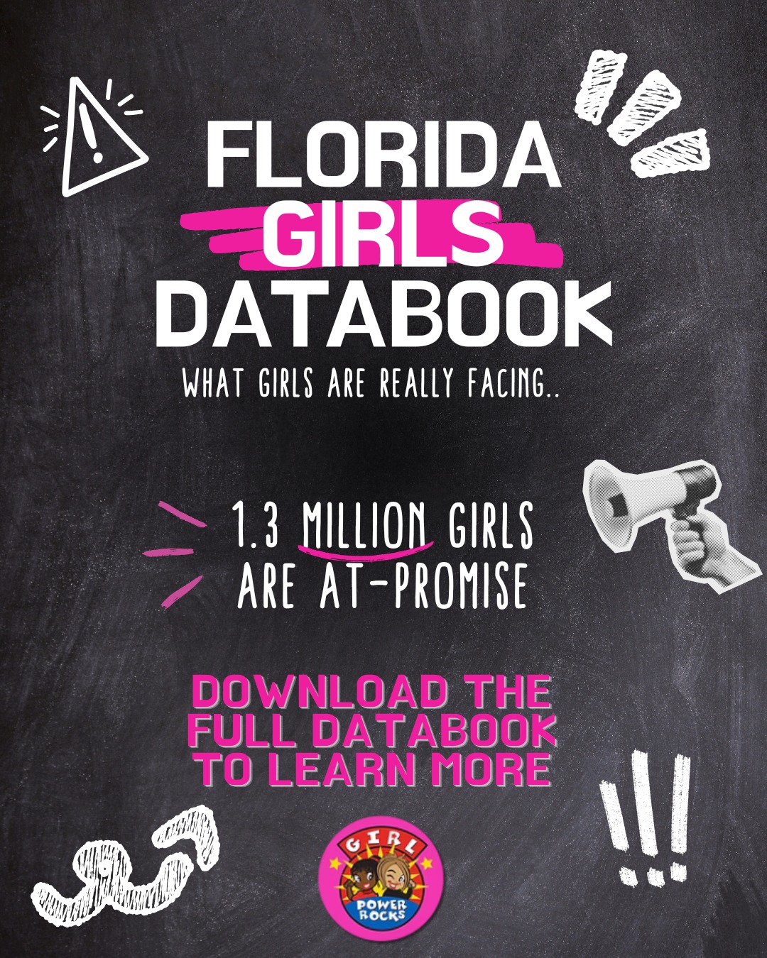 Download your copy of the FLORIDA GIRLS DATABOOK TO LEARN MORE ABOUT What the girls in Florida are facing.
Unlock the Data at https://www.girlpowerrocks.org/thefloridagirldatabook
#FloridaGirls #GirlsMatter