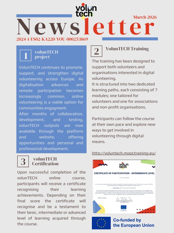 📢✨ volunTECH Newsletter #3 is out now! ✨📢
We’re excited to announce the release of the 3rd Newsletter of the volunTECH project! 🎉
In this new edition, you’ll discover:
🌍 The latest project updates and achievements
💻 Insights on digital volunteering and its impact
🤝 Highlights from recent activities and collaborations
📚 Useful resources and upcoming opportunities
Stay informed and inspired by how volunTECH continues to promote innovative, inclusive, and digital forms of volunteering across Europe.
👉 Don’t miss it—check out the Newsletter and stay connected with the project!
🔗https://www.voluntechproject.eu/post/third-newsletter
#Newsletter #DigitalVolunteering #ErasmusPlus #YouthEngagement #SocialInclusion #Innovatio