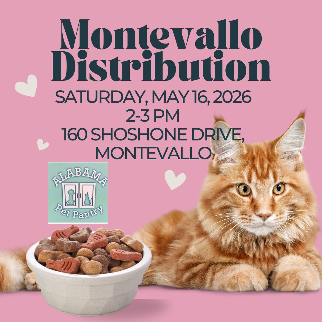 MONTEVALLO DISTRIBUTION
Saturday, May 16, 2026 (2-3pm) or until we run out of food. Once in the Shelby Emergency Parking Lot - Please pull up to the University Baptist Church- 160 Shoshone Drive | Montevallo, Alabama 35115
Do not block driveways. For more information check www.alabamapetpantry.com
#ifyouneedittakeit #becauselifehappenstousall #dogsofbirmingham #cityofpelhamalabama #dogsofinstagram #cityofmontevallo #PetFoodDrive #catsofinstagram #catsofbirmingham #magiccitykitties #magiccitydog #doggiepeeps #catstagram #magiccityfelines #AlabamaPetPantry #ThankYouDonors #PetFoodPantry #CommunitySupport #NoPetHungry #cityofpelhamalabama #crosscreekbaptistchurch #