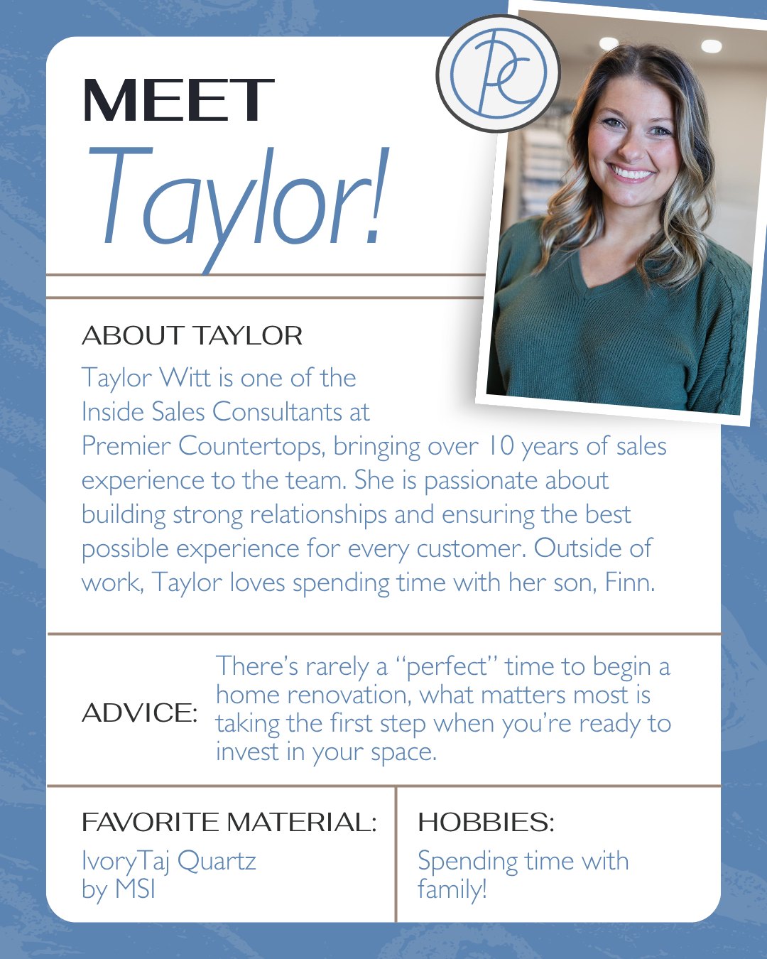 Meet Taylor! ✨
Taylor brings both expertise and heart to her role as an Inside Sales Consultant. She’s one of the smiling faces in our showroom and makes sure every customer has a smooth, enjoyable experience from start to finish.
Stop by and let Taylor help bring your vision to life! 🏡
📞 662.823.8824
📍2341 Graham Dr, Tupelo, MS
-
#PremierCountertops #MyTupelo #NorthMississippi #MississippiConstruction #BuildMississippi #FindYourTupelo #LuxuryCountertops #ResidentialCountertops #CommercialCountertops #PremierCountertopsMS #MeetTheTeam #TeamHighlight #CustomerExperience #CountertopExperts