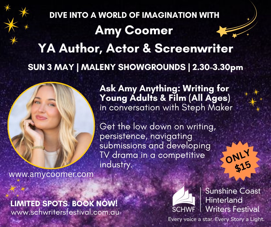 ✨ Want to write for young adults,or for the screen?
Join @amycoomer (YA author, actor & screenwriter) for a candid conversation about what it really takes: persistence, submissions, and breaking into a competitive industry.
🎤 Ask Amy Anything
📍 Maleny Showgrounds
🗓 Sun 3 May | 2.30–3.30pm
💸 Only $15
All ages welcome. Limited spots.
👉 Book now: @schwritersfestival