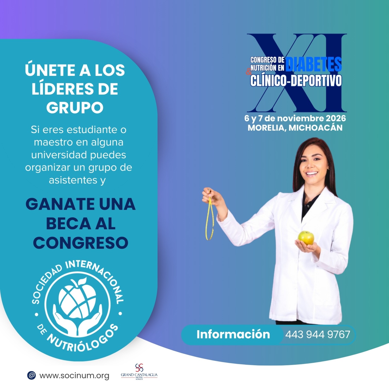 🙋🏽♀️🙋🏻Líder de Grupo | Todo incluido
🦋 XI Congreso de Nutrición en Diabetes Clínico-Deportivo 🦋
Morelia⛪ Presencial
.
Requisitos:
🍋Integrar mínimo un Grupo de 10 inscritos con el 100% pagado
🍋Depositar en una sola exhibición a la cuanta de SOCINUM AC
🍋Válido hasta el 31 de Agosto 2026
.
Todo incluido
✅Acceso VIP al Congreso (no aplica para talleres)
✅Constancia: con Microcredencial de 18 horas de valor curricular.
✅Kit de Bienvenida
✅Coffee break
✅Premios sorpresa
.
Para mayor información contáctanos a través de 👇🏽
https://wa.me/5214439449767