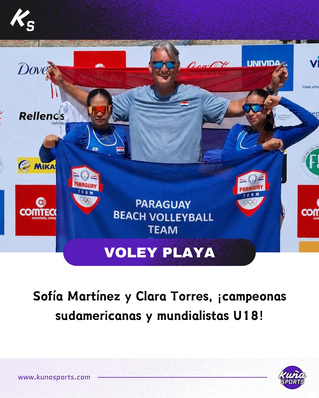 ¡QUE VIVAN LAS CHICAS!🥳
🇵🇾Una vez más el vóley playa femenino hace historia con sello mundial para nuestro país.
🙋🏻♀️🙋🏻♀️Sofía Martínez y Clara Torres acaban de consagrarse campeonas del Clasificatorio Sudamericano U18 en Cochabamba, Bolivia.
🥇En una dramática final ante Venezuela, que llegó a un reñido set de desempate, las paraguayas vencieron por 14-21, 21-16 y 20-18.
🔝Además del título, la dupla entrenada por Francismar Garrido -cuándo no😎- clasificó al Mundial U18 de Países Bajos.
👏🏻¡Felicitaciones campeonas!
#KuñaSports💜