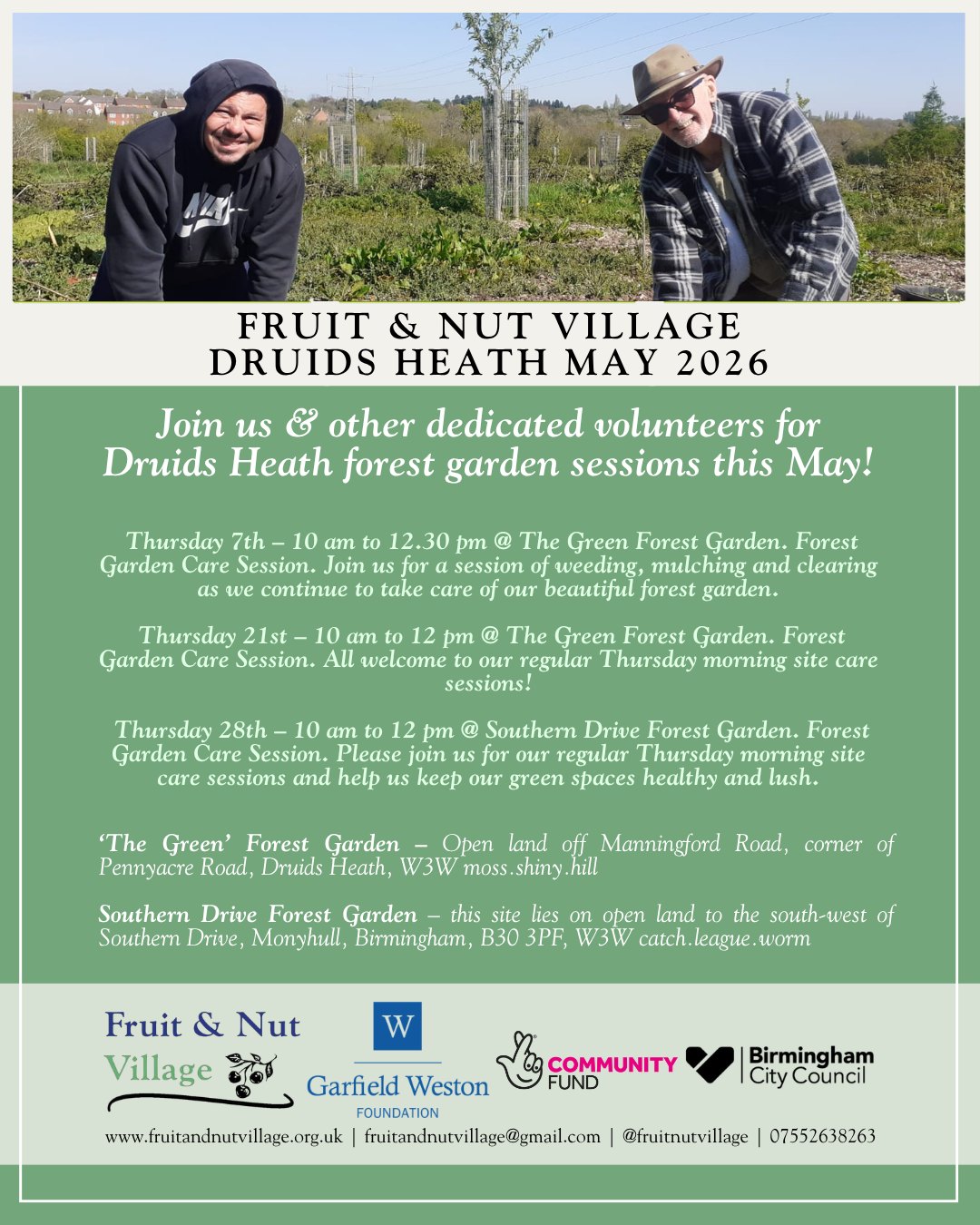 Join us and other dedicated #volunteers in our #DruidsHeath Fruit & Nut Village this #May 2026 for more #spring #ForestGarden sessions!
The dates for May in our forest gardens are: 7th, 21st, and 28th. Please check individual locations and workshop titles on the poster and through our website events - where you can also RSVP - or check our mailing list and social media bulletins. We have plenty of ways to stay up-to-date!
There's so much for our volunteers to do at these stunning sites. Make sure you get the dates in your diaries; see you there folks to #GrowTheVillage!