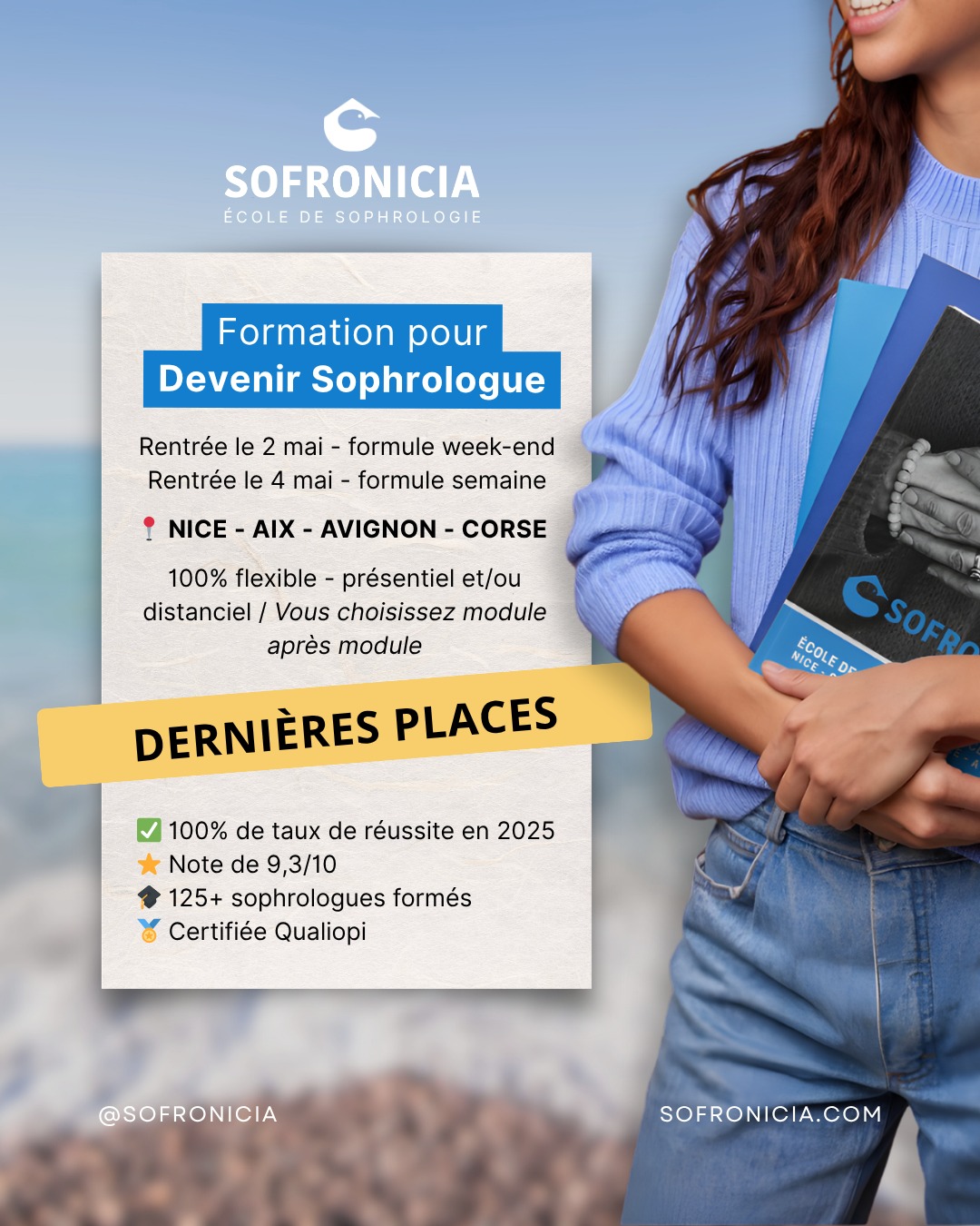 Il reste quelques places pour rejoindre la prochaine promotion Sofronicia.
Que vous soyez à Nice, dans la région d'Aix, à Marseille, en Avignon ou en Corse, la formation s'adapte à vous — chaque module peut être suivi en présentiel à Saint-Laurent-du-Var ou à distance, selon vos disponibilités.
Rentrée le 2 mai (formule week-end) ou le 4 mai (formule semaine).
✅ 100% de taux de réussite en 2025
⭐ Note de 9,3/10
🎓 Plus de 125 sophrologues formés en 10 ans
🏅 École certifiée Qualiopi
👉 Je souhaite être contacté(e) https://tally.so/r/jaW4G9
#sofronicia #formationsophrologie #devenirsophrologue