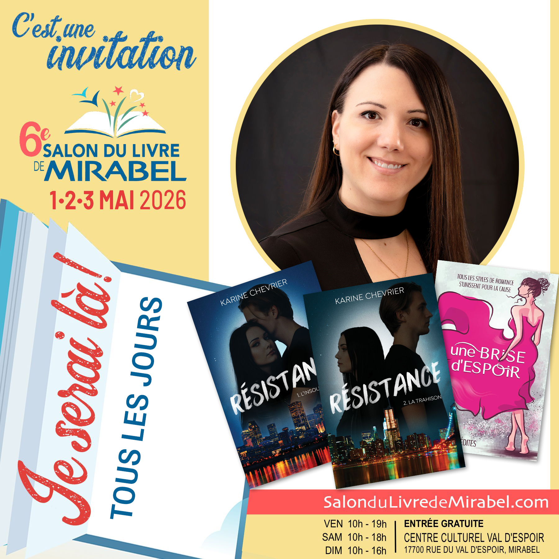 MIRABEL : On se voit dans 4 jours ! 🤩
Eh oui ! Mes valises sont à peine déposées que je prépare déjà mon prochain salon !
Jette un œil à la liste des auteurs présents ! Ça va être complètement fou ! 🔥
Salon du livre de Mirabel
📍Centre culturel Val d'Espoir | Mirabel
❓ https://www.facebook.com/events/1528450815198156