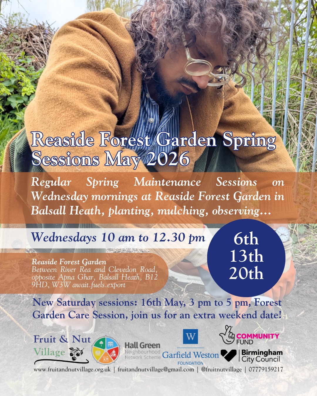 Reaside Forest Garden Spring Workshops! #May 2026
Join us at this incredible growing space in #BalsallHeath for our regular #spring #maintenance on Wednesday mornings, #planting, #mulching, #observing...
Sessions are from 10 am to 12.30 pm, on the 6th, 13th, and 20th.
There is also a special extra session here on Saturday 16th, 3 am to 5 pm, for those who cannot make the regular weekday sessions.
Reaside can be found between the River Rea and Clevedon Road, opposite our friends at Apna Ghar Day Centre.
Open to all - please join us for a fun morning outdoors!
