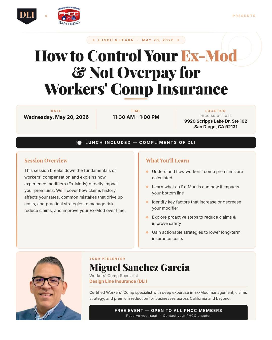 Your Ex-Mod is costing you more than it should. 💸
Join us May 20 for a free Lunch & Learn — we're breaking down how workers' comp premiums are calculated, what an Ex-Mod actually is, and the practical steps you can take to lower your rates over time.
Free for PHCC members. Lunch included.
📅 May 20 | 11:30 AM–1:00 PM 📍 PHCC SD Offices, San Diego
Contact Executive Director, Taylor Bray, to reserve your seat: taylor@phccsd.org
#PHCCSanDiego #WorkersComp #PlumbingContractor #HVACContractor #ExMod #ContractorLife #TradesBusiness #LunchAndLearn #SanDiego