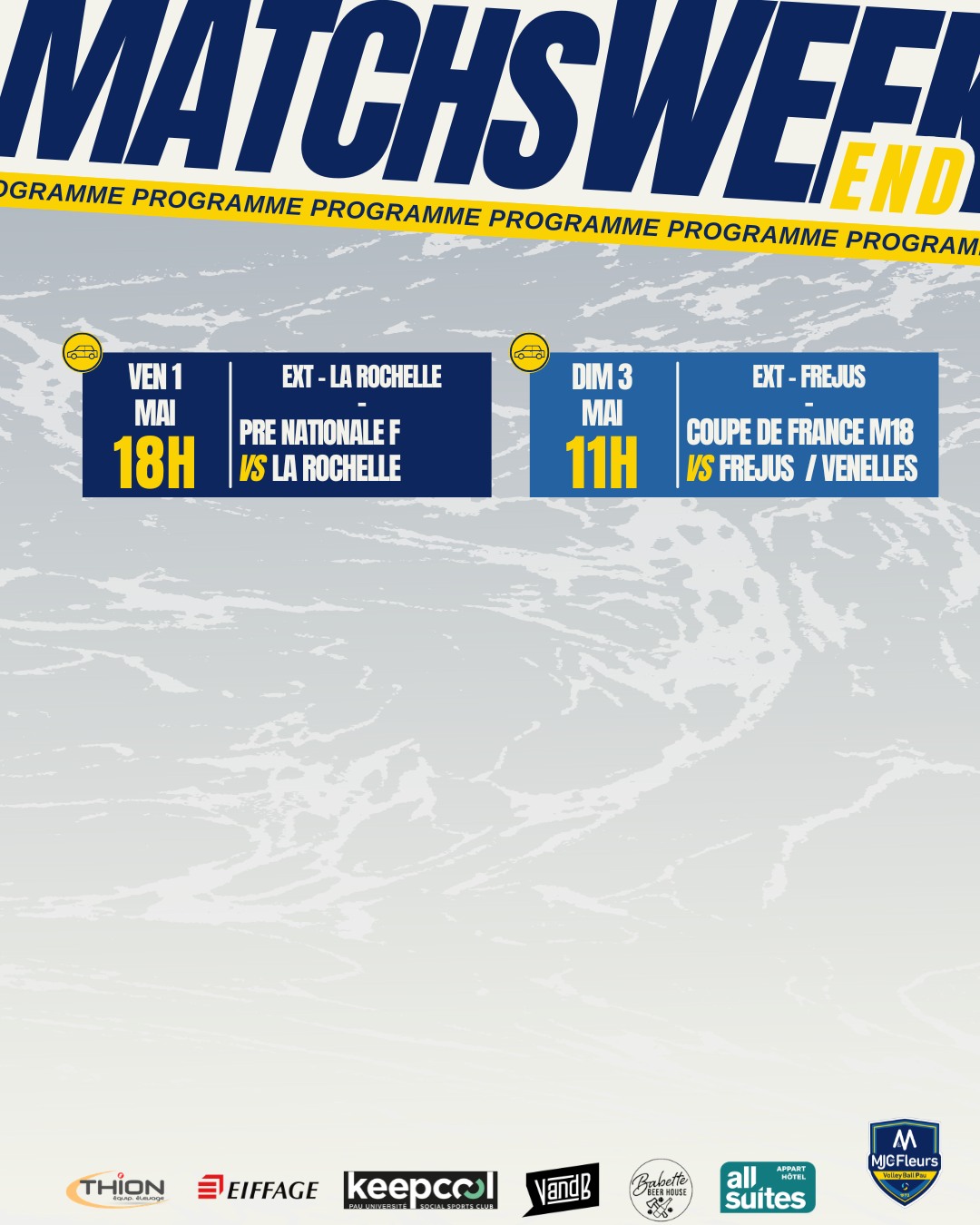 🌸 Programme du week-end 🌸
8ème tour de Coupe de France pour les M18 F, nous sommes tous derrière vous pour cette dernière ligne droite ! 🔥
Un lien pour suivre la compétition vous sera transmis s'il y a une diffusion en direct de disponible. 📡
Premier match pour le titre de pré-national pour la PNF !
🚗 Extérieur ;
- Vendredi 1er mai, 18h, PNF à la Rochelle (gymnase colette château)
- Dimanche 3 mai, 11h, Coupe de France M18 à Frejus contre Frejus et Venelles. (salle sainte croix)
🙌 Partenaires ;
@Thion Equip'Elevage / @@keepcoolpau / @vandbpau /
@all_suites / @babettebeerhouse