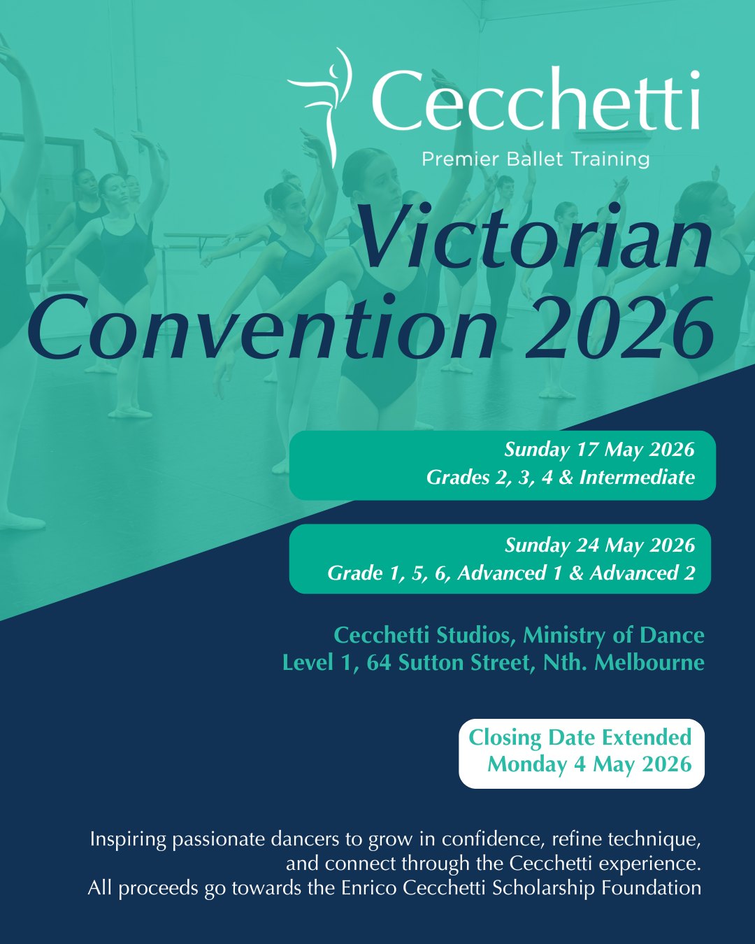 ✨ Victorian Convention 2026 ✨
Cecchetti Ballet Australia invites students and teachers to join us for our 2026 Victorian Convention across two inspiring Sundays of classes, coaching and shared learning.
🗓 Sunday 17 May 2026
Grades 2, 3, 4 & Intermediate
🗓 Sunday 24 May 2026
Grade 1, 5, 6, Advanced 1 & Advanced 2
📍 Location
Cecchetti Studios, Ministry of Dance
Level 1, 64 Sutton Street, North Melbourne
✨ Be inspired. Build confidence. Refine your technique. Connect through Cecchetti.
⏰ Entry Deadline Extended
Entries have been extended and will now strictly close on Monday 4 May 2026.
Please ensure your booking is submitted prior to this date — no late entries will be accepted.
📲 Book your place via Try Booking
https://www.trybooking.com/DJUQS
All proceeds support the Enrico Cecchetti Scholarship Foundation.
#CecchettiVictoria #CecchettiBallet #VictorianConvention2026