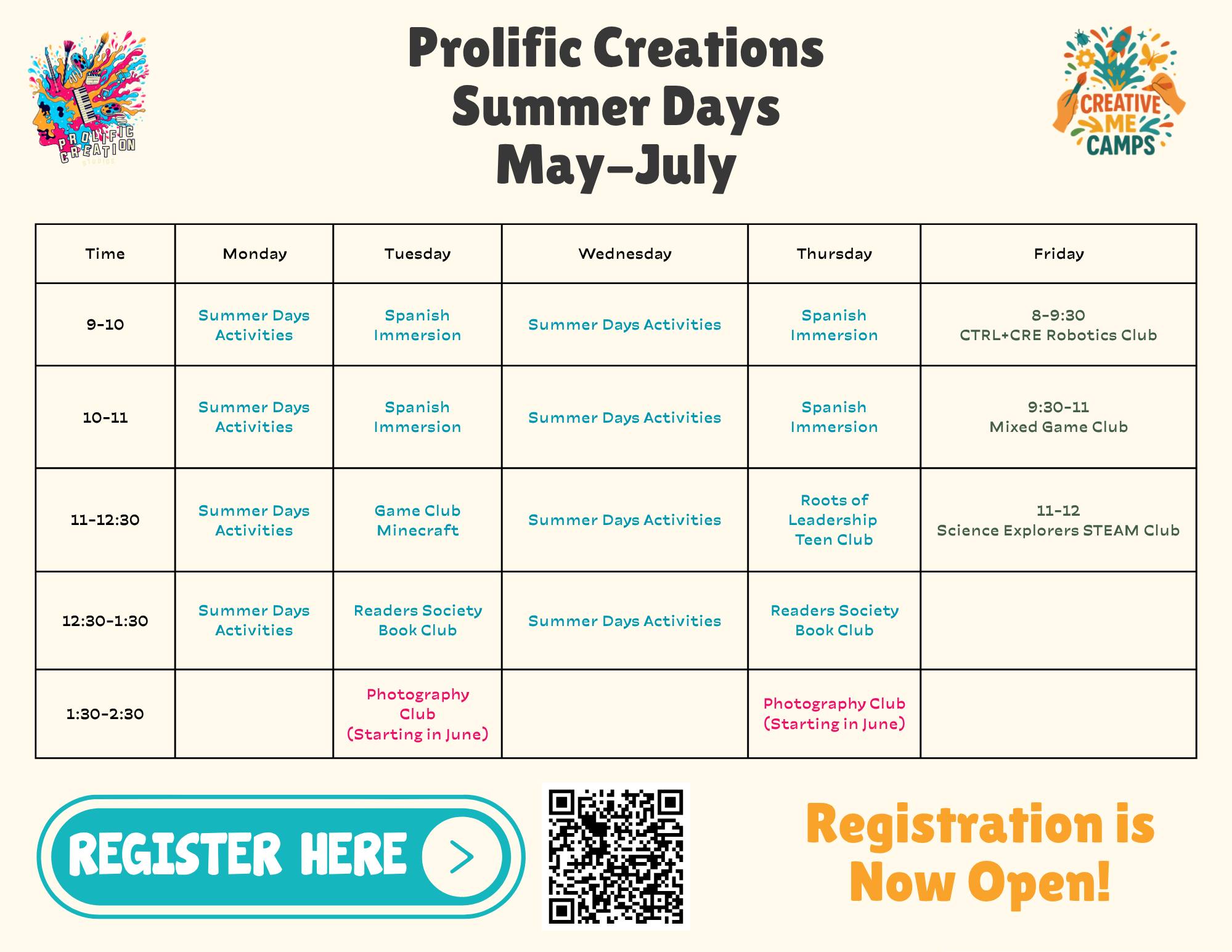 Summer Programs Start NEXT WEEK!
We’re kicking off an exciting summer at Prolific Creation Studios—and you’re invited!
From hands-on learning to creative clubs, we’ve built a schedule that keeps kids engaged, social, and learning all summer long (without feeling like school).
Summer Days (Mon & Wed | 9:00–1:30)
Our programs are filled with:
🎨 Hands-on projects
🔬 STEAM activities
🎲 Games, challenges & team fun
🚫 Little to no screen time
Each day includes a big featured activity plus tons of smaller fun experiences.
🇪🇸 Spanish Immersion (Tue & Thu | 9:00–11:00)
Not your typical language class—students learn through:
🗣 Conversation
🎲 Games & movement
🎭 Interactive activities
🎮 Minecraft Gaming Club (Tue | 11:00–12:30)
More than just playing—students collaborate, build, and problem-solve in a guided environment.
📚 Club Fridays
A rotating day of fun, creativity, and enrichment clubs—designed to keep kids engaged and excited to come back each week.
🗓 Programs begin NEXT WEEK
📍 Limited spots available
📩 Message us to enroll or learn more!