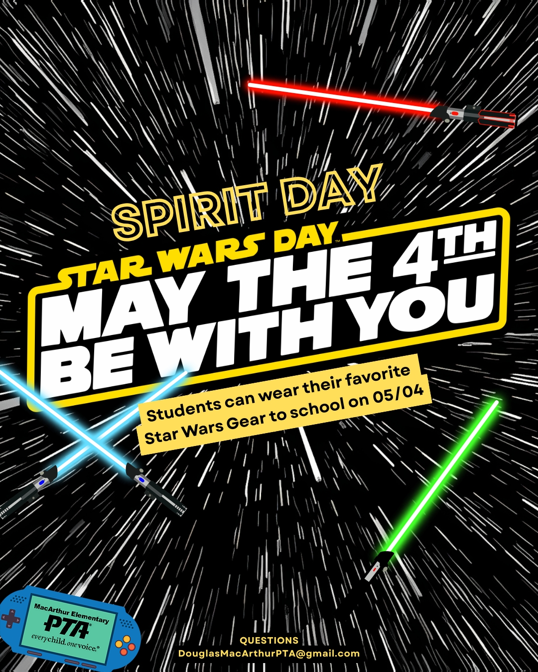 A long time ago (well… this Monday), MacArthur declared it Star Wars Spirit Day — and the galaxy is invited. May the 4th Be With You, Eagles!
📅 Monday, May 4
🪐 Spirit Day: Star Wars Day
👕 Students can wear their favorite Star Wars gear
⚠️ Important Reminders:
🚫 No toy weapons
🦅 Uniforms are always welcome — participation is optional
✨ All outfits must follow LBUSD + MacArthur dress code guidelines
👉 Whether you’re Team Light Side or Dark Side… just don’t be late to class
#MacArthurPTA #SpiritDay #StarWarsDay #MayThe4thBeWithYou #SchoolSpirit #EaglePride #MacArthurElementary #LongBeachSchools