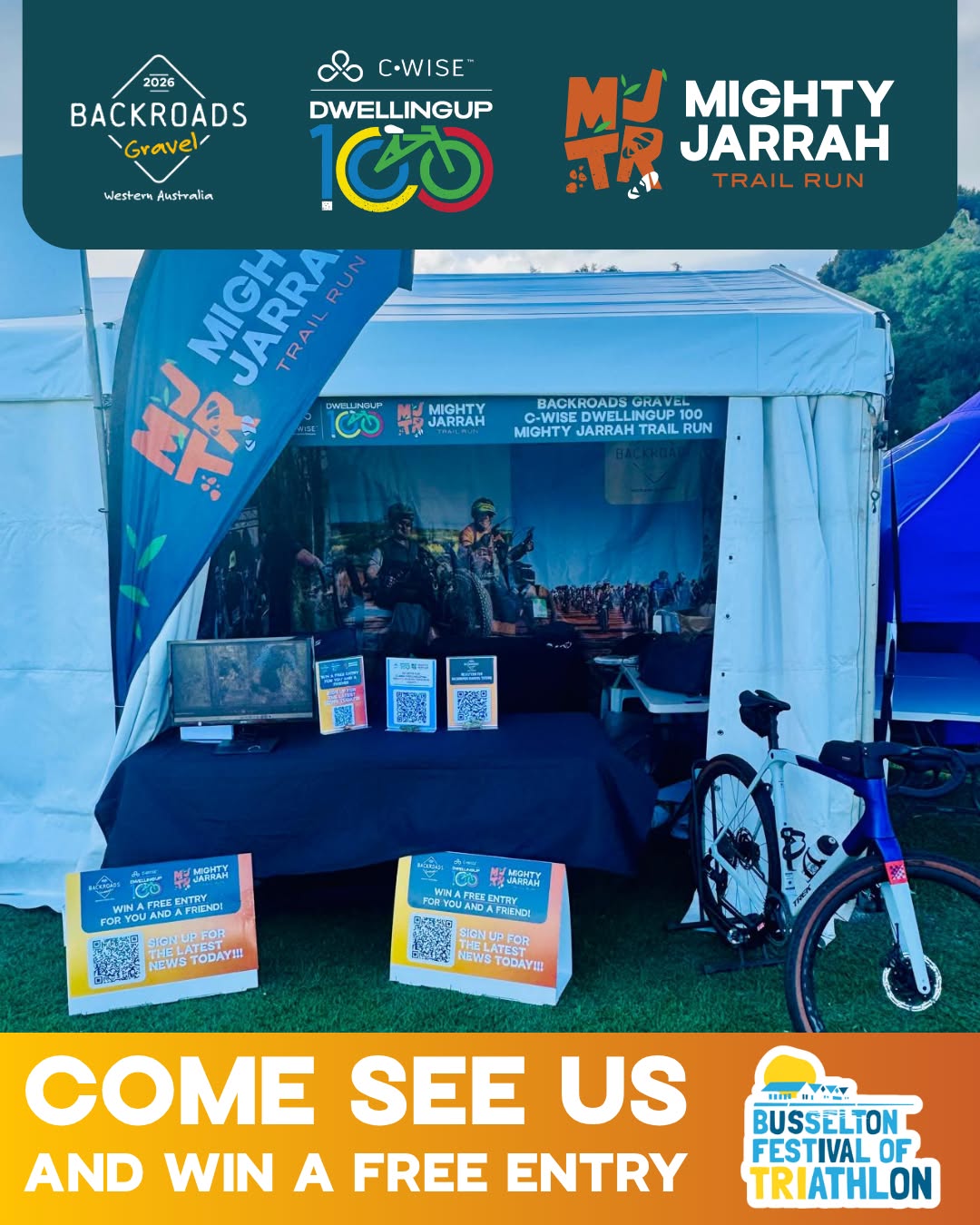 We're at the @busseltonfestivaloftriathlon — come find us!
We're giving away 2 prize packs, each with 2 free entries to one of our events.
Choose from Backroads Gravel, C-Wise Dwellingup 100, or the Mighty Jarrah Trail Run.
To enter, comment below with who you're bringing and which event you'd want to race.
Then scan the QR code on site to join our mailing list.
Spot prizes and giveaways on the day too! 🎉