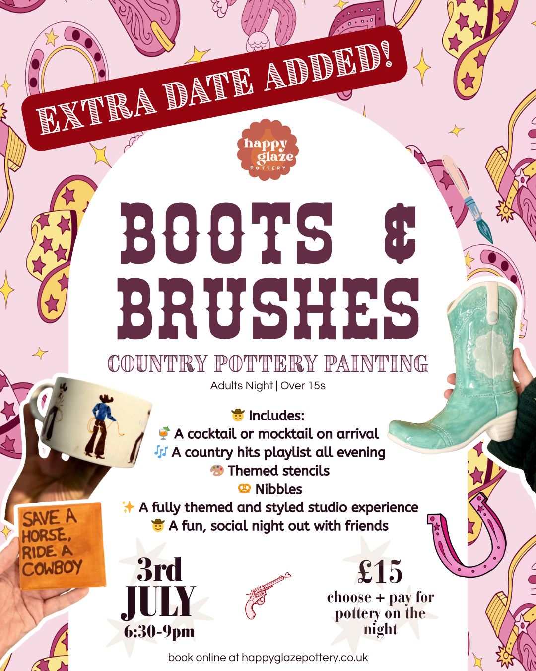 SOLD OUT in under 4 hours… 🤠🔥
We are honestly blown away 😭 thank you SO much for the love on our Country Pottery Painting Night!!
So of course… we’ve added a second date 🎉
📅 Friday 3rd July
🕡 6.30–9pm
📍 Happy Glaze Pottery
Expect country music, cocktails, nibbles and a relaxed evening of pottery painting with friends 🤠
🤠 Includes:
🍹 A cocktail or mocktail on arrival
🎶 A country hits playlist all evening
🎨 Themed stencils
🥨 Nibbles
✨ A fully themed and styled studio experience
Pottery is chosen & paid for on the night
Over 15s only
⚠️ Booking essential – spaces are limited and this WILL sell out
👉 Book online now: https://www.happyglazepottery.co.uk/events/boots-brushes-country-pottery-painting-night-2