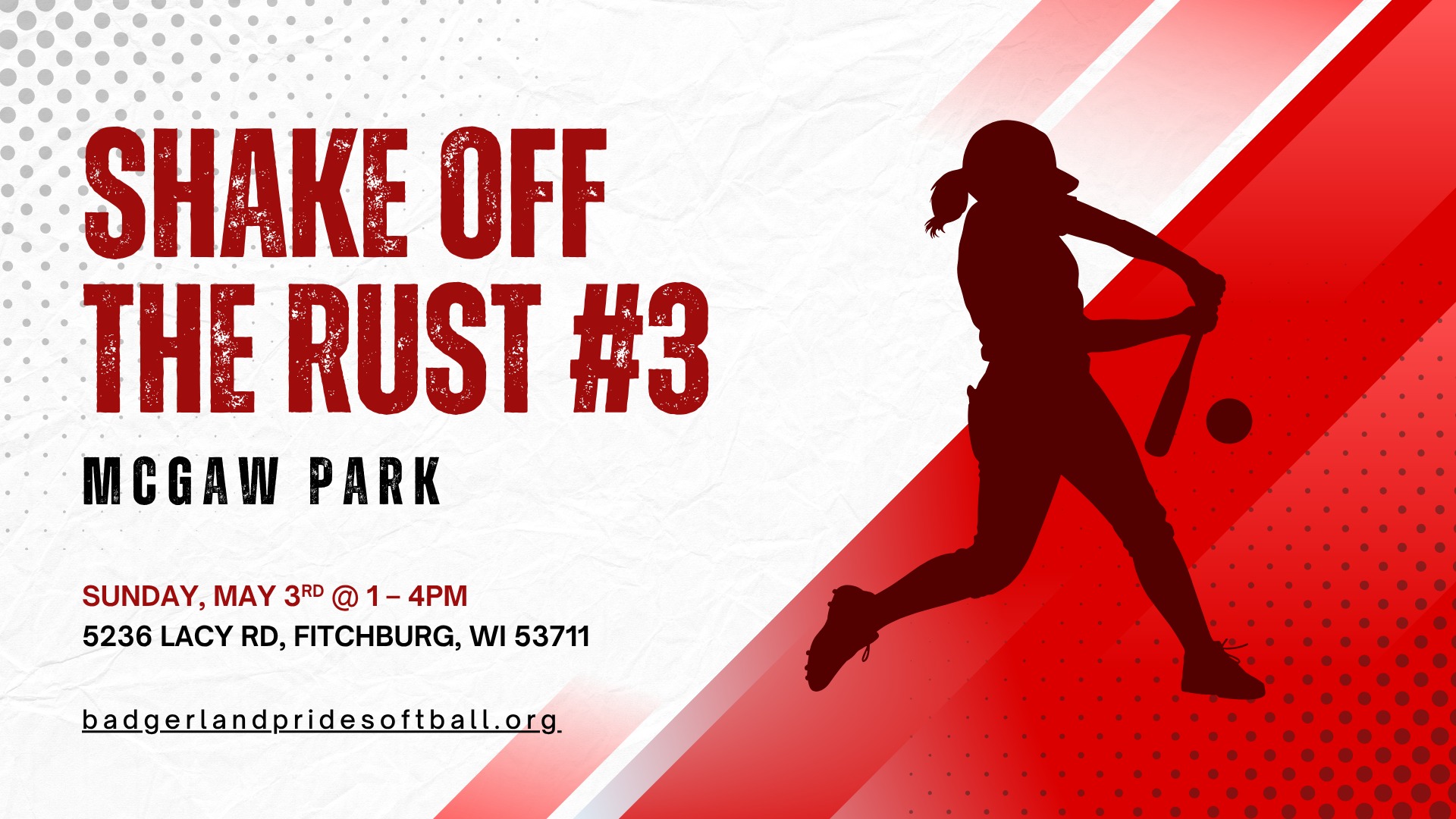 Reminder: our last Shake Off the Rust before the season starts is this Sunday, May 3rd from 1pm - 4pm @ McGaw Park in Fitchburg! 🥎💖