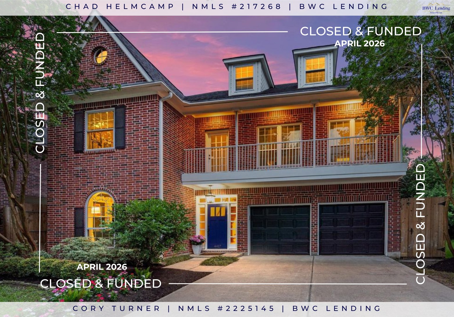 🌟CLOSED IN APRIL🌟
Thank you and congratulations to all our AMAZING clients and realtors! We appreciate you all trusting us 🥰 it means the world to us!
We are so grateful and honored to have been able to help 26 families buy a home in April 🫶
If you’re ready to buy this month or next, give us a call!!
Chad Helmcamp, NMLS #217268
📱: 832-252-9175
✉️: chad.helmcamp@bwclending.com
Cory Turner, NMLS #2225145
📱: 832-476-0967
✉️: cory.turner@bwclending.com
Equal Housing Opportunity Lender
NMLS #1823206, BWC Lending LLC.
1616 S Voss Rd, STE 650, Houston, TX 77057
#closing #congratsonyourhome #newhome #movingin #springtimeclosings #houstonhome #txhome #htx #texas #fyp