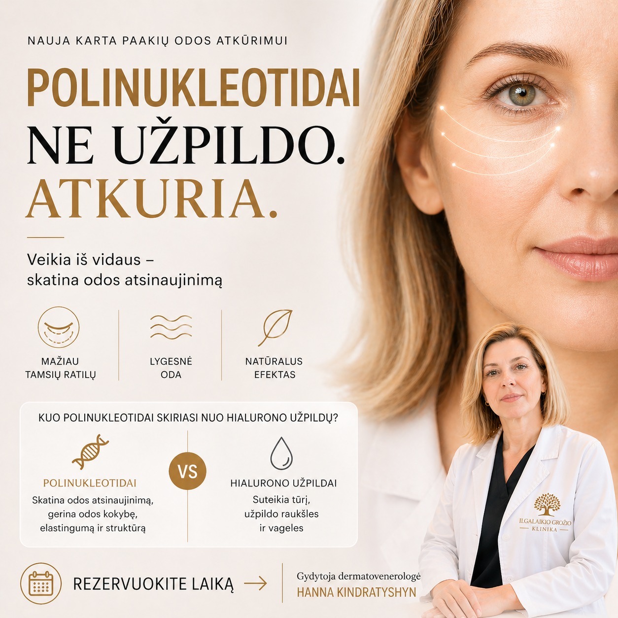 Polinukleotidai paakiams.
👉 Ne užpildo. Atkuria.
Gerina odos kokybę, mažina tamsius ratilus ir smulkias raukšles.
Procedūrą atlieka gydytoja dermatovenerologė.
📍 Kaunas | Savanorių pr. 139
📞 +370 670 14491