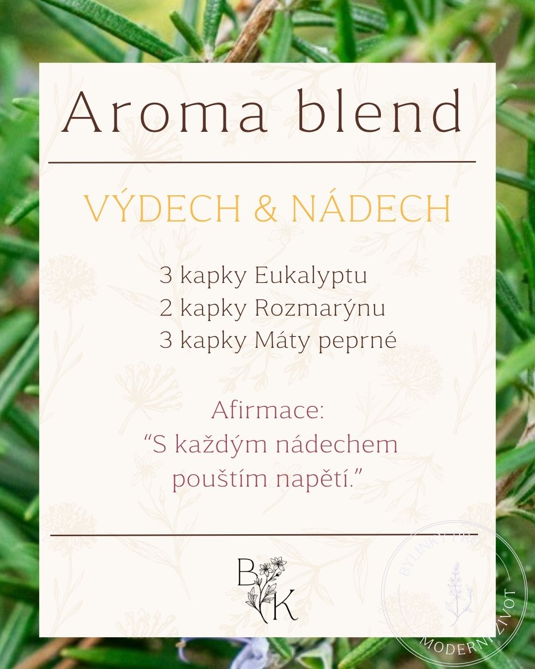 🌿 Tento měsíc jsem pro tebe připravila blend, který může podpořit nejen tvou mysl, ale i dech.
Květen je sice plný krásně rozkvetlé přírody, ale pro spoustu z nás je to zároveň období alergií.
Proto jsem vybrala směs, kterou můžeš použít chvílích, kdy tě trápí pylová sezóna, ucpaný nos nebo pocit, že se nemůžeš pořádně nadechnout.
3 kapky eukalyptu
2 kapky rozmarýnu
3 kapky máty peprné
Na období alergií se krásně hodí i další esenciální oleje – třeba majoránka, jedle, vavřín, tea tree nebo citron.
✨ Ulož si návod na později nebo rovnou vyzkoušej a dej vědět, co na směs říkáš.
#bylinkatka #aromablend #alergie #aromaterapie #eterickeoleje #eukalyptus #matapeprna #rozmaryn #jarnialergie #pylovasezona #difuzer #prirozenapece