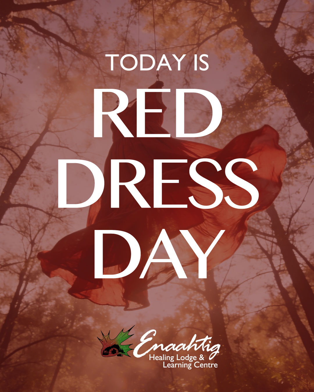 May 5, 2026 is Red Dress Day National Remembrance and Action for Missing and Murdered Indigenous Women, girls, and Two – Spirit People (MMIWG2S+)
Red is believed to be the only colour spirits can see, using the Red Dresses as a way for spirits to be called back or to connect with their loved ones