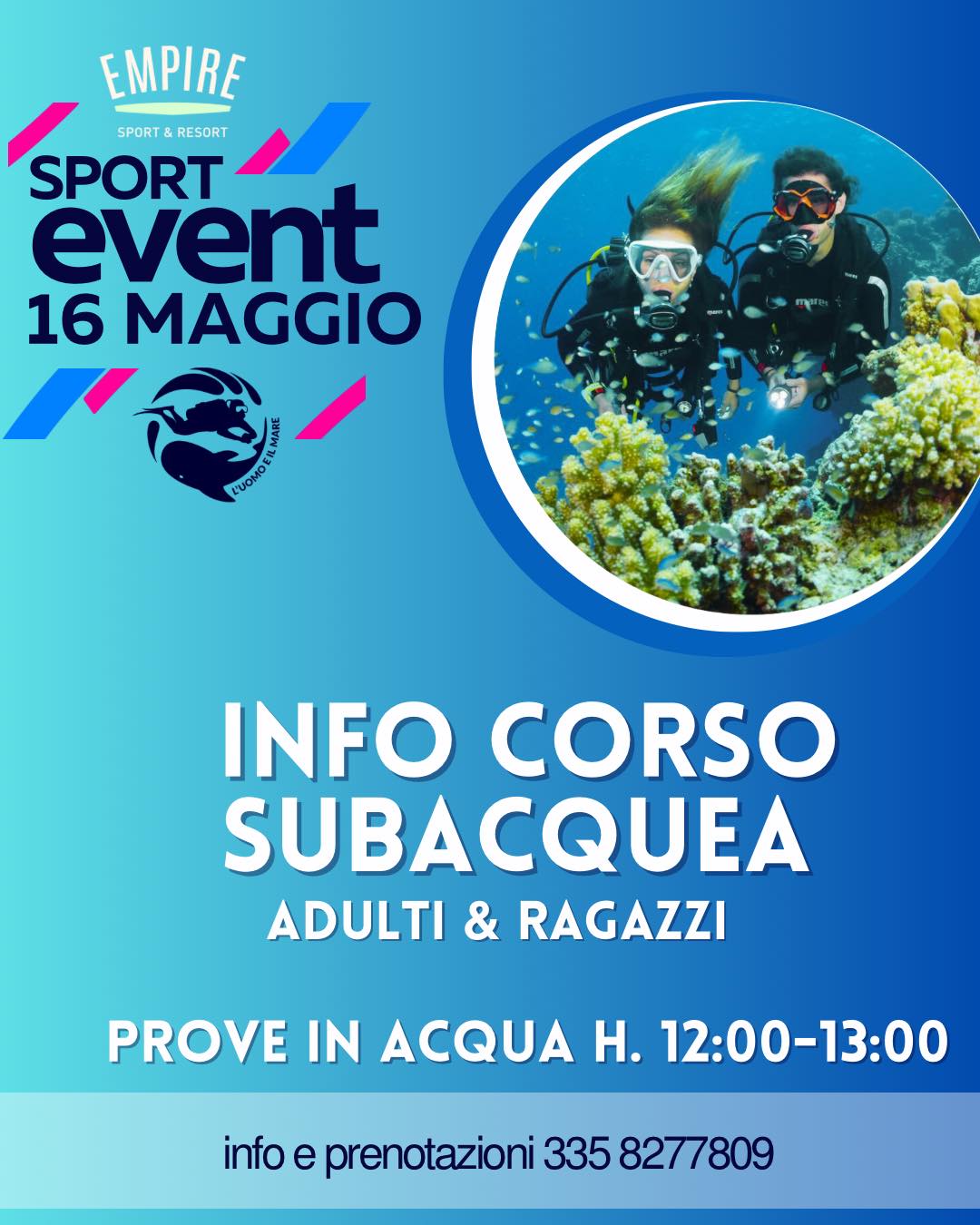 🌊🤿 SPORT EVENT – 16 MAGGIO 🤿🌊
Scopri un mondo tutto nuovo… sotto la superficie dell’acqua!
📍 Info Corso Subacquea – Adulti & Ragazzi
🕛 Prove in acqua dalle 12:00 alle 13:00
Un’esperienza unica per avvicinarti al mondo della subacquea, guidato da professionisti 🐠
Respira, rilassati e lasciati sorprendere dalla magia !
👉 Evento aperto a tutti, anche alla prima esperienza
📞 Info e prenotazioni: 335 8277809
📍 Empire Sport & Resort
#EmpireSport #Subacquea #Diving #SportEvent #OpenDay #EsperienzaUnica #Underwater