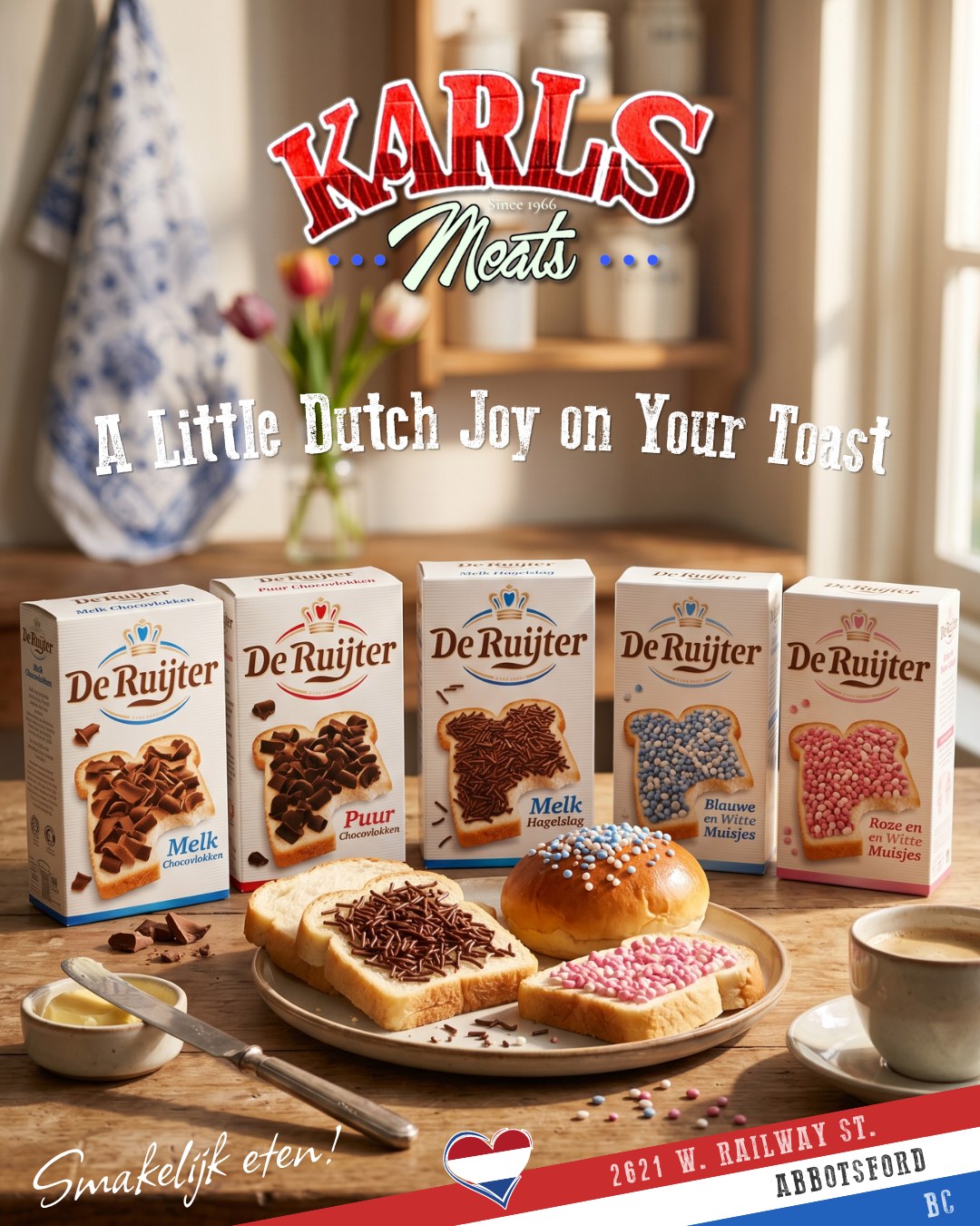 🔥 A Little Dutch Joy on Your Toast! 🇳🇱😋
Sometimes the best treats are the simplest ones…
Fresh bread. Butter. And a generous sprinkle of De Ruijter Hagelslag & Muisjes 💪
We’ve got some fun Dutch favourites in store right now:
🍫 Milk Chocolate Hagelslag
🍫 Dark Chocolate Flakes
🍫 Vlokfeest Chocolate Mix
💗 Pink & White Muisjes
💙 Blue & White Muisjes
Perfect for breakfast, coffee time, after school treats… or anytime you need a little happiness on toast 😄
If you grew up with this, you already know.
If you’ve never tried it… today might be the day 👀
Stop by Karl’s Meats and bring home a taste of Holland!
📍2621 W Railway St, Abbotsford, BC
📞 (604) 859-9011
Smakelijk eten! 😋
— The Karl’s Meats Team 💪
#KarlsMeats #DutchHeritage #Hagelslag #DeRuijter #TasteOfHolland #SupportLocal #AbbotsfordBC #DutchTreats #ShopLocal #SweetTooth