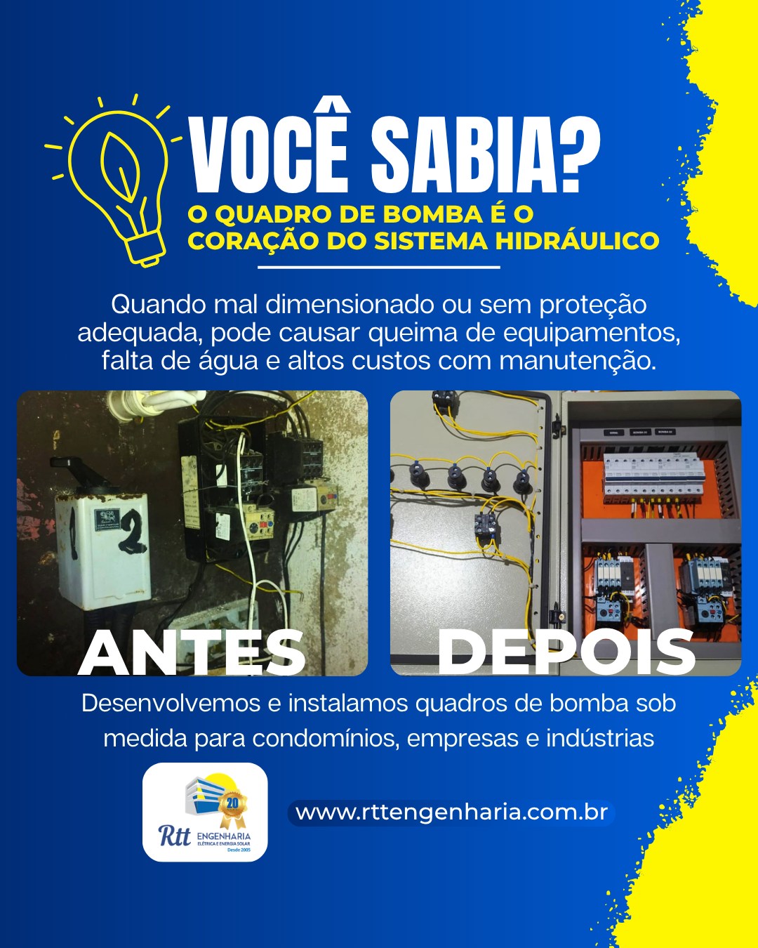 💡 Você sabia disso?
O quadro de bomba é o verdadeiro coração do sistema hidráulico. Quando ele não é bem projetado ou está sem proteção adequada, o resultado pode ser prejuízo na certa ⚠️
🚫 Queima de equipamentos
🚫 Falta de água no condomínio
🚫 Custos altos com manutenção
Agora olha a diferença de um serviço feito com qualidade 👇
Um sistema organizado, seguro e dimensionado corretamente faz toda a diferença no dia a dia e evita dores de cabeça.
Na RTT Engenharia, desenvolvemos e instalamos quadros de bomba sob medida para garantir eficiência, segurança e durabilidade 💙⚡
Se o seu sistema precisa de modernização ou está apresentando falhas, é hora de agir.
📍 Atendemos toda a Baixada Santista
📞 (13) 3329-3628
📲 WhatsApp: (13) 3358-2401
RTT Engenharia, Elétrica voltada a vida, desde 2005 ⚡
#engenhariaeletrica #quadrobomba #automação #manutençãoindustrial #condominios #sistemahidraulico #infraestrutura #eletricista #baixadasantista
