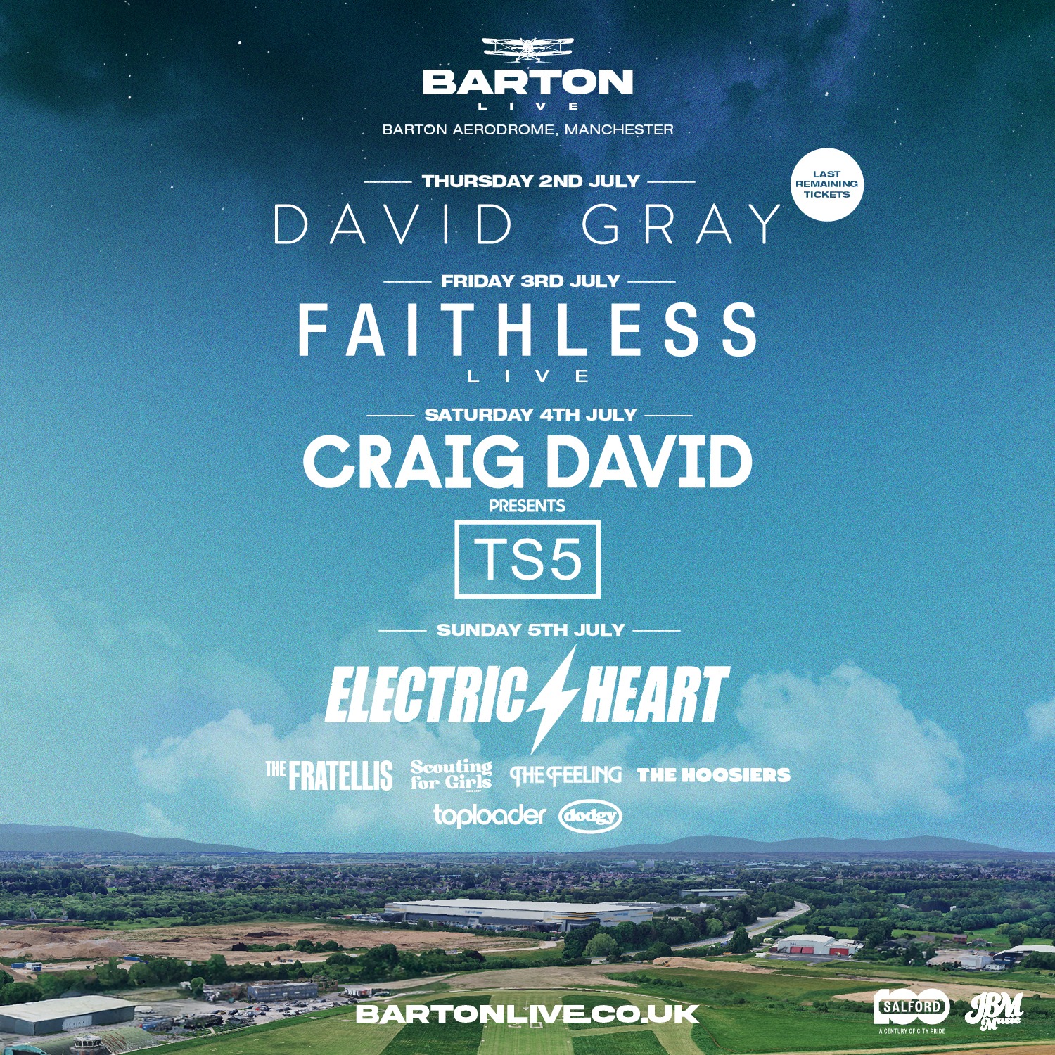 MAY BANK HOLIDAY FLASH SALE โ BARTON LIVE
Until Tuesday only, flash sale tickets are available across the Barton LIVE weekend at Barton Aerodrome. Very limited available, don't miss out!
FRI 3 JULY โ Craig David Presents TS5
Standard from ยฃ25 / VIP from ยฃ50
SAT 4 JULY โ Faithless LIVE
VIP from ยฃ50
SUN 5 JULY โ Electric Heart
Standard from ยฃ25 / VIP from ยฃ50
This offer ends Tuesday, and availability is seriously limited. โ bartonlive.co.uk
