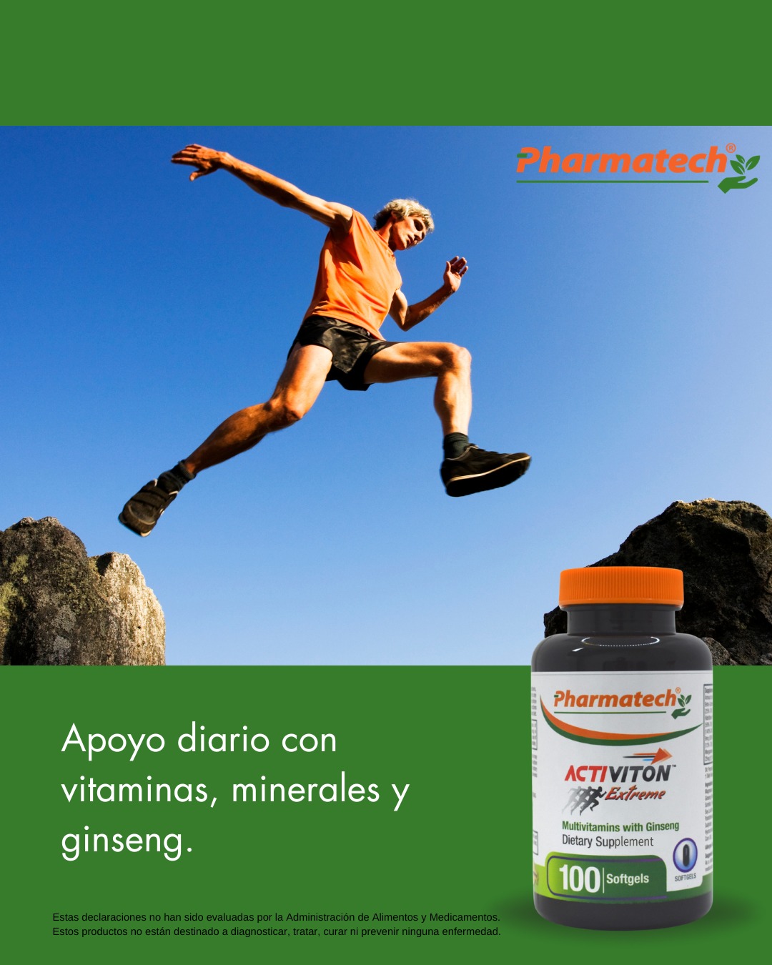 Fórmula diseñada para complementar la alimentación diaria.
🔹 Vitaminas y minerales que contribuyen a funciones normales del organismo
🔹 Con ginseng tradicionalmente utilizado para apoyar la vitalidad
🔹 Fácil de tomar.
Encuéntralo en www.mesientobien.com
Con Pharmatech® me siento bien.
**Estas declaraciones no han sido evaluadas por la Administración de Alimentos y Medicamentos. Este producto no está destinado a diagnosticar, tratar, curar ni prevenir ninguna enfermedad.
-----------------
A formula designed to complement daily nutrition.
🔹 Vitamins and minerals that support normal body functions
🔹 With ginseng, traditionally used to support vitality
🔹 Easy-to-take softgels
Find it at www.ifeelgood.us
With Pharmatech® I feel good.
**These statements have not been evaluated by the Food and Drug Administration. This product is not intended to diagnose, treat, cure, or prevent any disease.