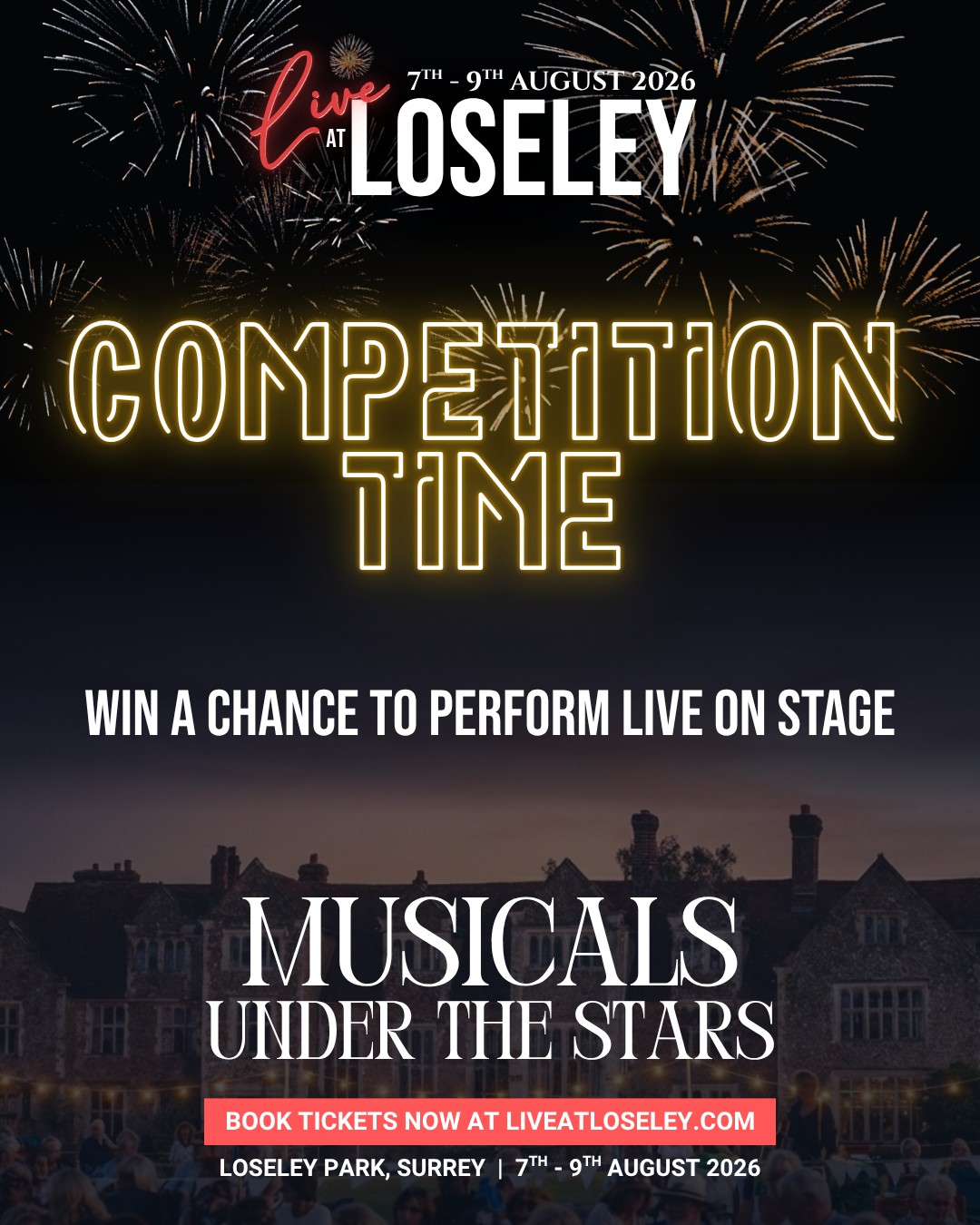 Your moment starts here.
We’re giving you the chance to perform live on stage at Musicals Under the Stars at Live at Loseley 2026 - in front of thousands, ahead of our West End headliners.
🎤 Solo, duets and groups welcome
🎥 Submit your audition - a minimum of a 1 minute clip of you singing your favourite musical song
✨ Perform live and receive professional photos and footage
To enter:
1. Share this post to your story
2. Like the post and comment "I've Entered!"
2. Send your audition via DM or email
Entries close 28 June.
Ready to take the stage?
T&Cs apply:
Open to ages 12+. Under 16s must be accompanied by an adult. Entry requires a minimum 1-minute musical theatre audition. You must share this post to your story and comment "I've Entered". Winners must be available on 8 August 2026 for rehearsal and performance. By entering, you agree to Live at Loseley using your name, performance, and content for promotional purposes. Find full details and terms and conditions, please visit liveatloseley.com/competition
#LiveAtLoseley #MusicalsUnderTheStars #WestEnd #MusicalTheatre #OpenAuditions #PerformersWanted #SurreyEvents #TheatreLife #SingersOfInstagram #UKPerformers