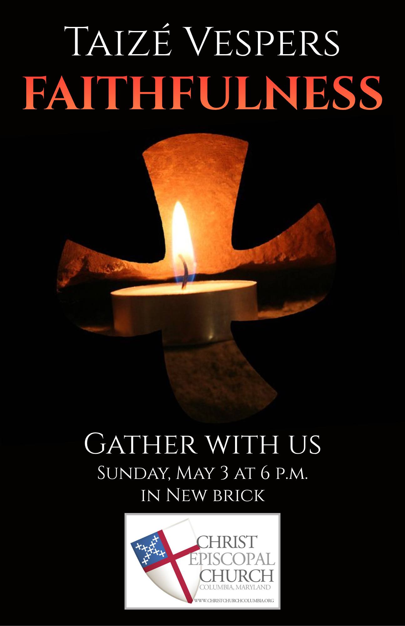 FAITHFULNESS: Taizé Vespers at Christ Church
This Sunday at 6 p.m. in New Brick
Each month, Christ Church offers a service of contemplative prayer and music, in which we focus on a single perspective or discipline. Taizé Vespers is this special service, and this Sunday, May 3, we will focus on FAITHFULNESS.
Taizé Vespers is a unique and meditative form of evening prayer that emphasizes communal singing and brief scripture readings, creating a contemplative space where participants can experience inner stillness and calm. This community also promotes peace and justice through prayer and meditation, and offers a chance to meditate and reflect on God's love and presence in one's life, to offer prayer for oneself and others, and to share in a supportive community of fellow pilgrims on the way.
Come and join us at 6 p.m. for a new way to sense a special connection with the divine. This is a place where lives are renewed.
#Taizé #taize #prayer #EveningPrayer #Vespers #episcomd #howardcountymd #columbiamaryland #episcopal #episcopalian