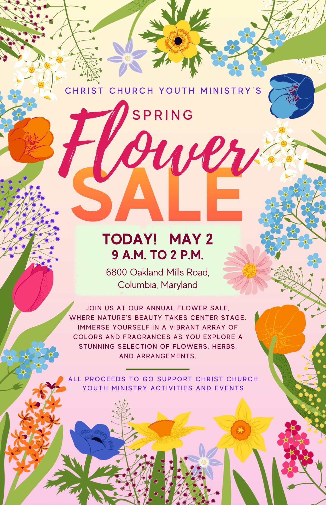 SPRING IS HERE, AND TODAY'S THE DAY!
Come to the Youth Ministry Flower Sale at Christ Church
One of the most colorful and fragrant spring traditions is back! The Christ Church Youth Ministry starts its annual Spring Flower Sale this morning, so stop by the Christ Church campus from 9:00 a.m. to 2:00 p.m. and pick up your favorite spring annuals. We will have a wide variety of gorgeous and colorful flowers in small pots, hanging baskets, and flower-and-herb combination containers. They will help you select the best ones and even assist with getting them into your car if you need!
�The flowers are sourced locally from Walnut Springs Nursery in Howard County, and all proceeds support the Youth Ministry's gatherings and activities throughout the year - everything from outreach trips to amusement park adventures, from youth meals and overnight vigils to support of local organizations in need. So stop by the campus and grab some fine, fragrant flowers for yourself, or perhaps get some as a Mother's Day or graduation gift for a loved one. No matter the reason, they will surely help brighten anyone's day!
#flowers #flowerslovers #flowersalways #flowersale #episcomd #columbiamd #hocomd