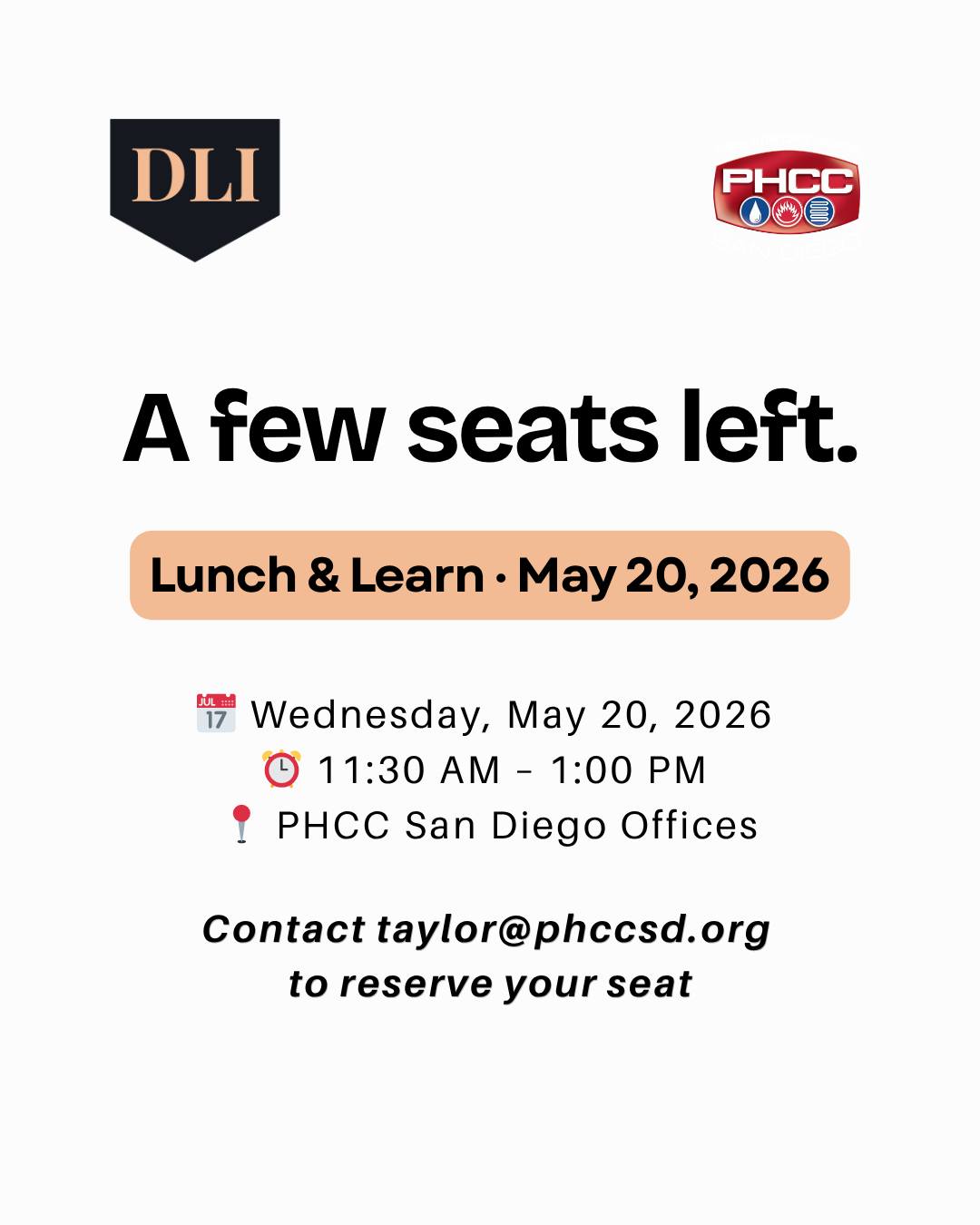 Three days. Free lunch. Workers' comp knowledge you'll actually use. 📋
Don't miss our May 20 Lunch & Learn — still a few seats left.
📩 Email taylor@phccsd.org to grab your spot.
#PHCCSanDiego #LunchAndLearn #WorkersComp #LastCall #SanDiego #ContractorLife
