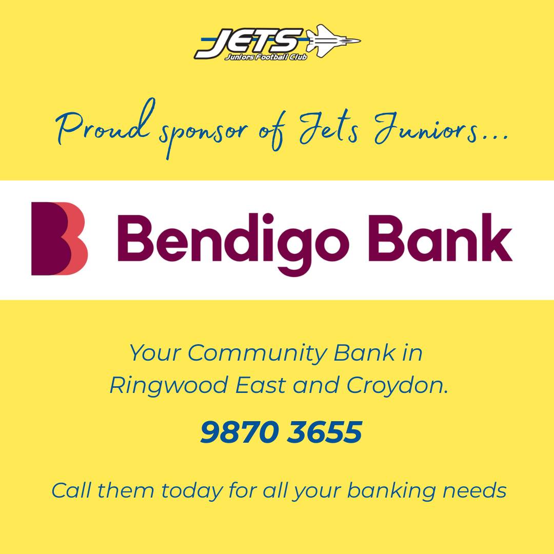 The biggest of THANKS to Bendigo Bank in Ringwood East and Croydon for once again supporting Jets Juniors Football Club and the community! Legends!
Join Bendigo Bank. The better big bank.
#bendigobankringwoodeast #bendigobankcroydon #bendigobank