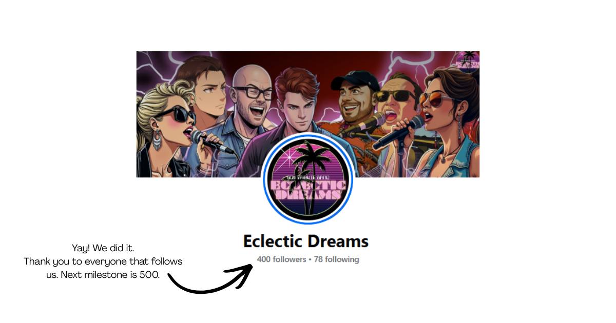 You are all totally awesome! π
Thank you to everyone that follows us, likes and shares our posts and engages in our content. Hopefully, you like it, but please let us know what you want to see more of.
We absolutely love sharing our passion for the 80s with you and love seeing you all dancing and singing along at our gigs.
We'd love you to recommend us to your friends, work colleagues, distant relatives and neighbours. We know you get bombarded by social posts, so we want to keep it fun.
Help us hit the next milestone.
Thank you again from all of us, and if you would like a follow back, just give us a shout!
We're also on Instagram too https://www.instagram.com/eclecticdreams80s/
#80sband #80slivemusic #80sbandhorsham #bestpartyband #horshamlivemusic #viralreels
π