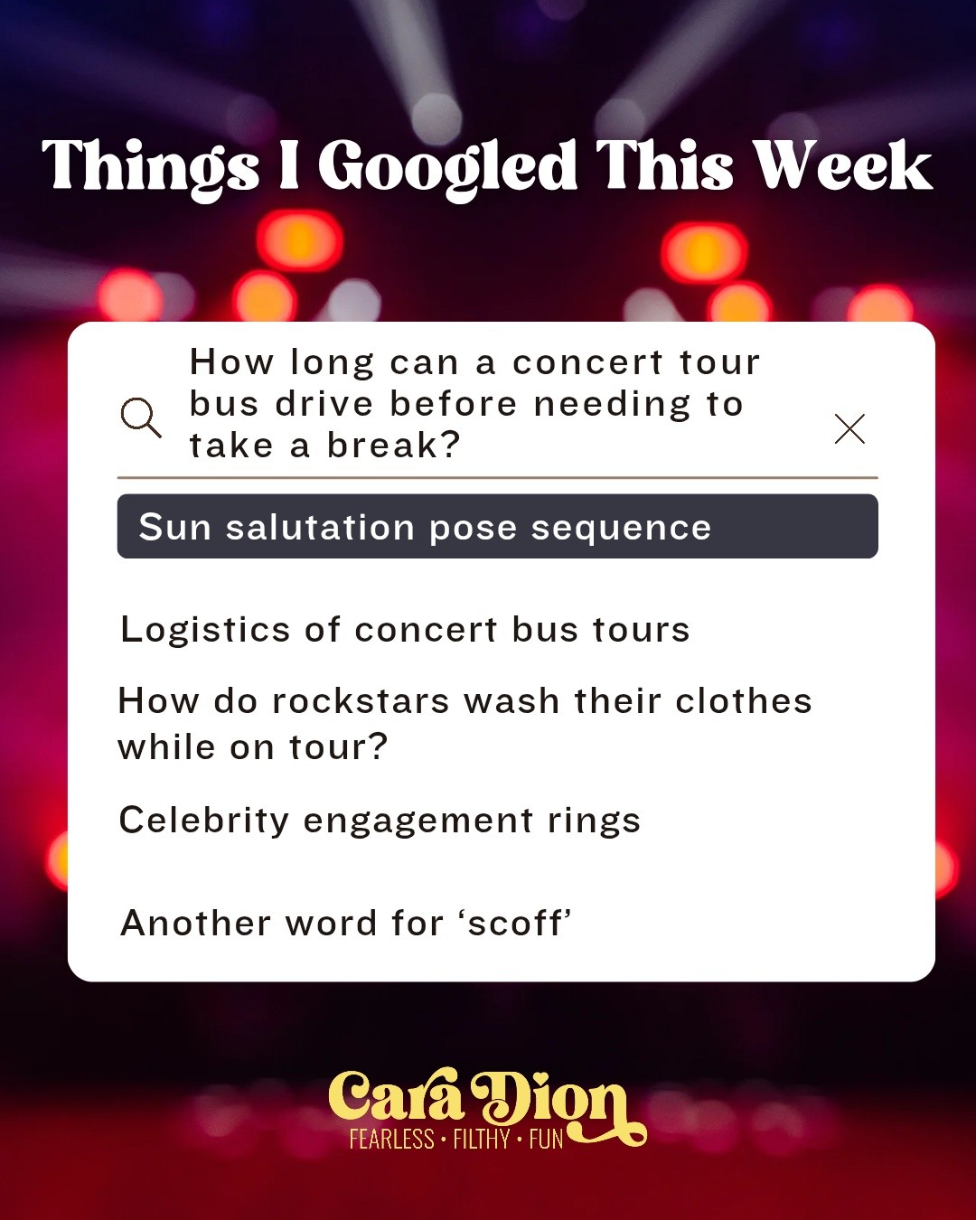 Things I Googled this week while working on my next book.
I will admit, I fell down a YouTube rabbit hole of videos about the logistics of bus tours for major concerts. A fascinating way to procrastinate 😂