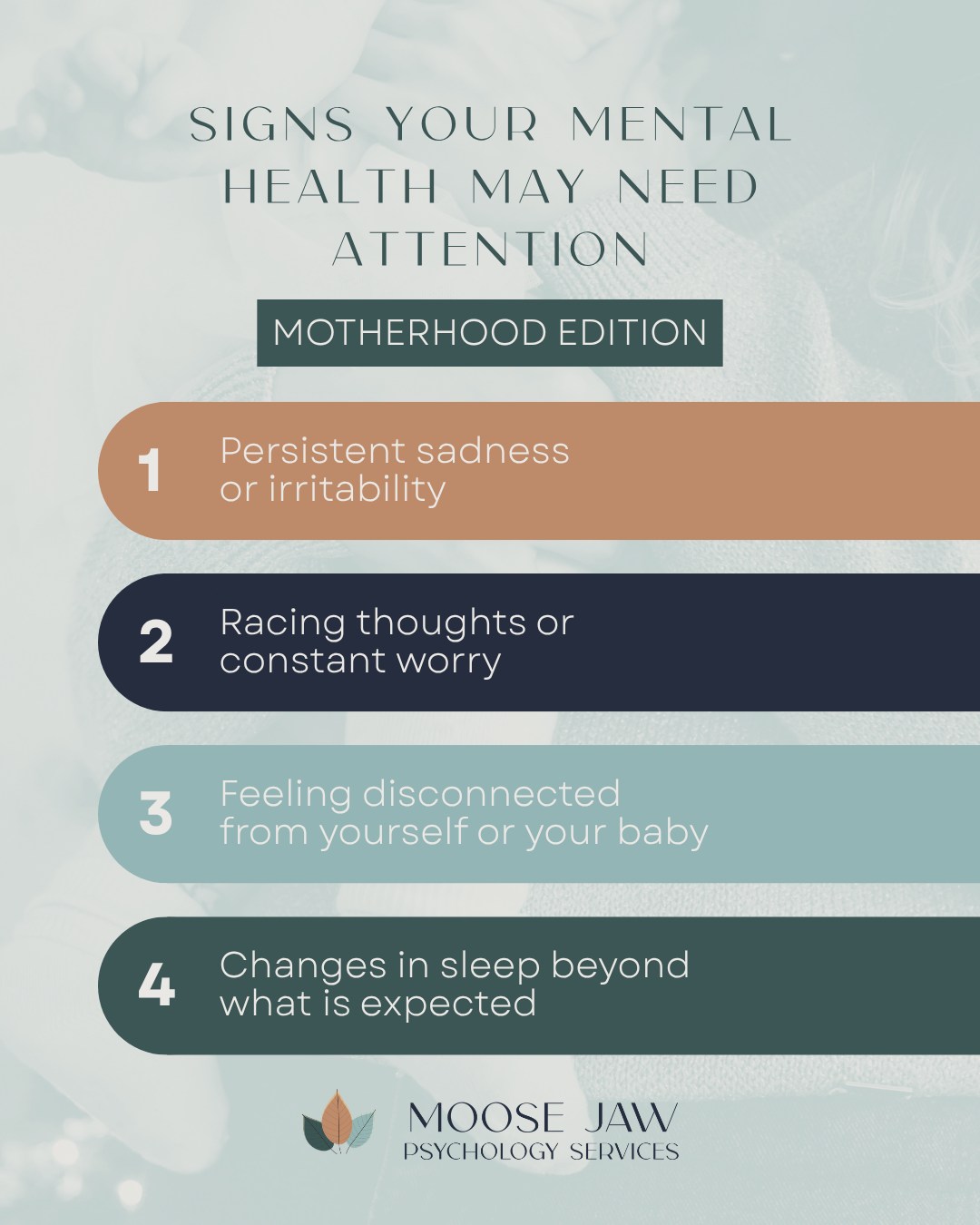 Maternal mental health challenges are not always easy to recognize.
They do not always look like a crisis. More often, they show up quietly through ongoing emotional and physical changes that are easy to dismiss or explain away.
When you experience persistent sadness, increased irritability, constant worry, or a sense of disconnection from yourself or your baby, it is worth paying attention. Changes in sleep that go beyond what is expected in early motherhood can also be an important signal.
These experiences are common and treatable. Noticing them does not mean something is wrong with you. It means your mind and body may be asking for support.
Early awareness allows for earlier care, which can significantly improve how you feel and function.
You are not alone in this. Support is available, and reaching out can be a meaningful step toward feeling more grounded and supported.
For support, reach out to your doctor or a mental health professional. If you need immediate support contact the Healthline at 811. In case of emergency contact 911 or go to the hospital.
#maternalmentalhealth #postpartumdepression #postpartumanxiety #mommentalhealth #newmomlife #motherhoodunfiltered #mentalhealthawareness #womensmentalhealth #perinatalmentalhealth #mentalhealthmatters #emotionalwellbeing #momstruggles #parentingstress #supportmothers #selfcareformoms #mindfulmotherhood #realtalkmotherhood #normalizefeelings #therapyhelps #mentalhealthsupport #psychologyinsights #careformothers #maternalwellbeing #youarenotalone #earlyintervention #postpartumjourney #momlife #honestmotherhood #mentalhealtheducation #supportisavailable