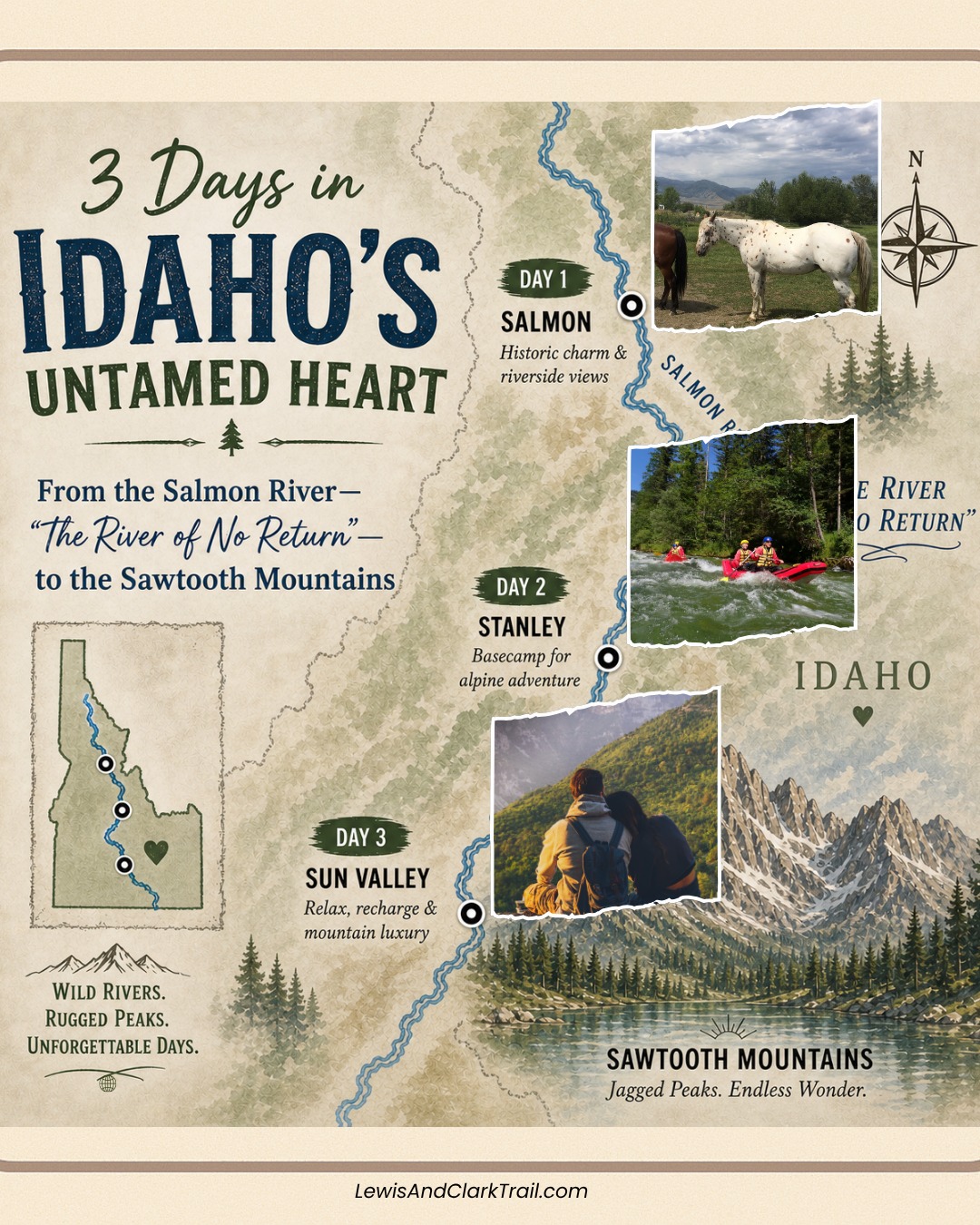3 Days in Idaho’s Untamed Heart 🐾🌄
From the Salmon River—“The River of No Return”—to the Sawtooth Mountains
This is where the wild still leads.
Explore
Venture into the Frank Church–River of No Return Wilderness—the largest contiguous federally managed wilderness in the lower 48. Rugged. Remote. Unforgettable.
Stand in Salmon—Sacajawea’s homeland, where history and landscape are deeply connected.
Drive the Journey 🚗
• Sacajawea Historic Byway – 2 hrs 6 min
• Salmon River Scenic Byway – 3 hrs 9 min
• Sawtooth Scenic Byway (Stanley → Sun Valley) – 1 hr 8 min
Each stretch reveals something different—rivers cutting deep canyons, open sky, and the kind of quiet you don’t find just anywhere.
Do This
Take a full-day rafting trip on the Salmon River 🌊
Follow the current through one of the most legendary rivers in the West.
Stay a little longer.
Wake up where the wild still leads.
👉 Explore lodging along the route—link in bio
Did You Know?
Idaho has over 3,100 miles of navigable whitewater—more than any other state.
Step into the wild.
Follow the trail.
Find your own “Wild Encounter.” 🐾
#lewisandclarktrail #salmonriver #sunvalley #stanley #visitidaho #WildAmerica #ExploreWild