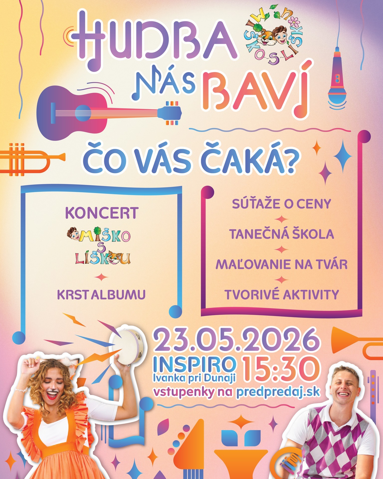 23.mája bude v Ivanke pri Dunaji veselo! 😍
Pripravili sme pre vás úžasné rodinné podujatie na celé popoludnie. Tak neseďte doma a príďte!
Čaká vás skvelý interaktívny koncert, krst nového albumu, tanečná škola s choreografkou, súťaže o super ceny, maľovanie na tvár, tvorivé aktivity a ďalšia super zábava! 🍀
Okrem toho vás v Inspire pohostia skvelými jedlami, nápojmi či dezertami. 🥗🧁☕️
Vstupenky kúpite v sieti predpredaj.sk, alebo si o ne môžete zasúťažiť počas celého mája s našou špeciálnou tajničkou, ktorú nájdete v kaviarni Parku oddychu Inspiro. 😎
S kým sa uvidíme? 😍
#event #predeti #rodina #zábava #ivankapridunaji