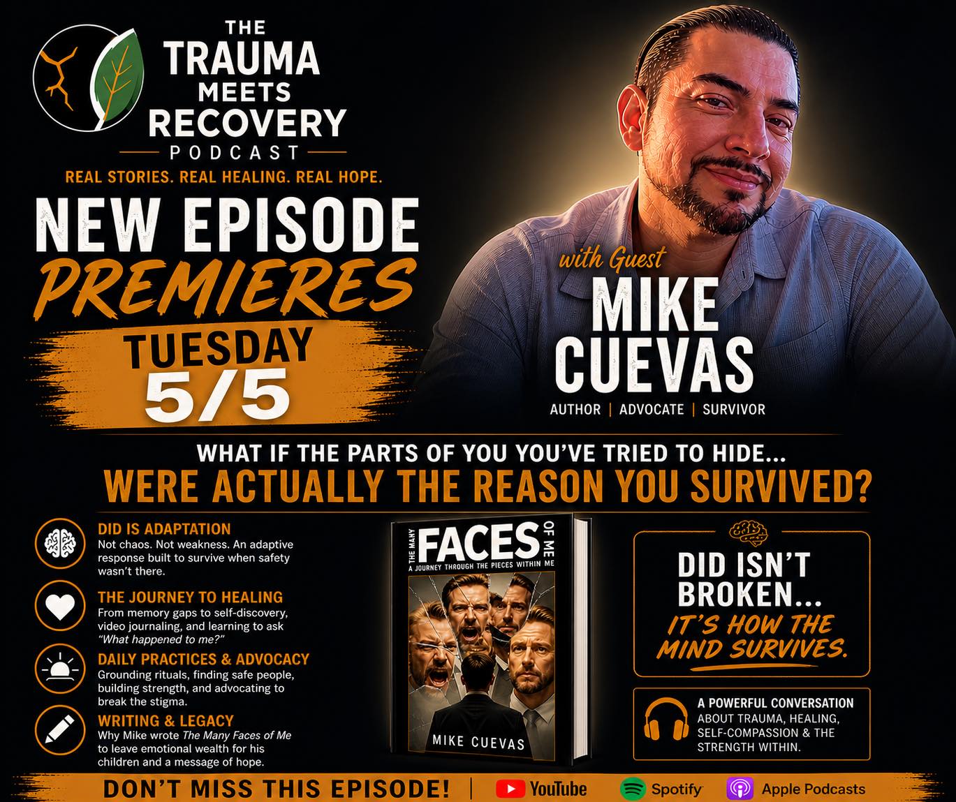 What if the parts of you you’ve tried to hide…
were actually the reason you survived?
This week on Trauma Meets Recovery, Dr. Mark McNear sits down with Mike Cuevas to explore Dissociative Identity Disorder (DID) as adaptation—not brokenness.
💬 “DID isn’t broken… it’s how the mind survives.”
🎧 New episode premieres Tuesday 5/5. Links in Bio.
#TraumaMeetsRecovery #DIDAwareness #DissociativeIdentityDisorder #MentalHealthMatters #TraumaHealing #NervousSystemHealing #SelfCompassion #InnerHealing #PartsWork #HealingJourney #MentalHealthPodcast #PsychologyPodcast #BreakTheStigma #YouAreNotAlone #MindBodyConnection #TraumaRecovery #EmotionalHealing #PodcastPremiere #YouTubePodcast #mentalhealthawareness