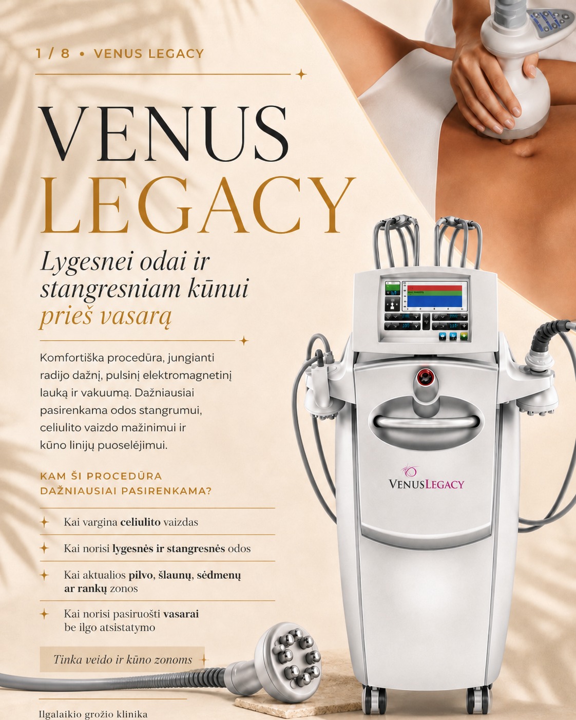 Venus Legacy procedūra Kaune – kai norisi lygesnės, stangresnės odos ir dailesnių kūno linijų ✨
Venus Legacy – tai radijo dažnio procedūra su vakuumo technologija, skirta kūno odos stangrinimui, lygesniam odos vaizdui ir kūno kontūrų puoselėjimui.
Dažniausiai ši procedūra pasirenkama, kai aktualu:
• kūno apimčių mažinimas Kaune
• celiulito vaizdo mažinimas
• stangresnė pilvo, šlaunų, sėdmenų ar rankų oda
• procedūros kūnui Kaune be ilgo atsistatymo
Procedūros metu dažniausiai jaučiamas malonus šilumos ir vakuuminio masažo pojūtis, todėl daugeliui klienčių ji yra komfortiška.
Venus Legacy procedūra dažniausiai atliekama šioms zonoms: pilvui, šlaunims, sėdmenims, rankoms, keliams ir blauzdoms.
Kai kuriais atvejais ši vakuumo procedūra ir radijo dažnio procedūra pasirenkama ir esant lipedemai – kaip papildoma kūno priežiūros priemonė, siekiant daugiau komforto ir lengvesnių kojų pojūčio. Svarbu: tai nėra lipedemos gydymas, todėl kiekvienas atvejis vertinamas individualiai.
Jeigu ieškote Venus Legacy procedūros Kaune, kūno apimčių mažinimo Kaune, radijo dažnio procedūros, vakuumo procedūros ar tiesiog veiksmingos procedūros kūnui Kaune – kviečiame registruotis.
Ilgalaikio grožio klinika, Kaunas
Registracija: per Treatwell, telefonu +37067014491 arba žinute.
Kainos nuo 59 € už zoną
Komplektai kūnui nuo 124 €
#VenusLegacy #VenusLegacyKaune #VenusLegacyProcedura #KūnoProcedūrosKaune #Kunoapimčiumazinimas #Kunoapimčiumazinimaskaune #radijodaznioprocedura #VakuumoProcedura #CeliulitoMazinimas #CeliulitoMazinimasKaune #KunoStangrinimas #KunoKonturavimas #ProcedurosKunui #ProcedurosKunuiKaune #IlgalaikioGrožioKlinika #GrozioKlinikaKaune #Kaunas