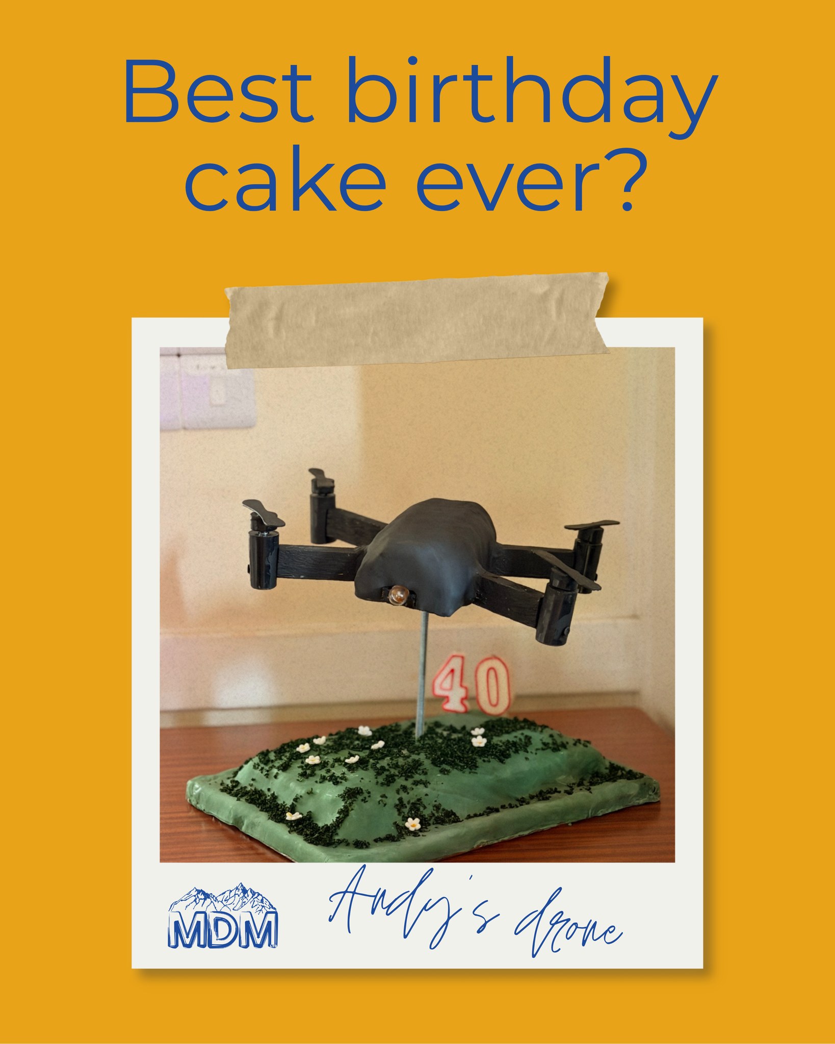 Last week, Andy turned the ripe old age of 40, and his in-laws surprised him with this brilliant cake!
Inspired by his work, complete with a drone theme, it felt too good not to share. We thought some of our fellow drone enthusiasts might appreciate it too.
Safe to say, he was very happy with it!
