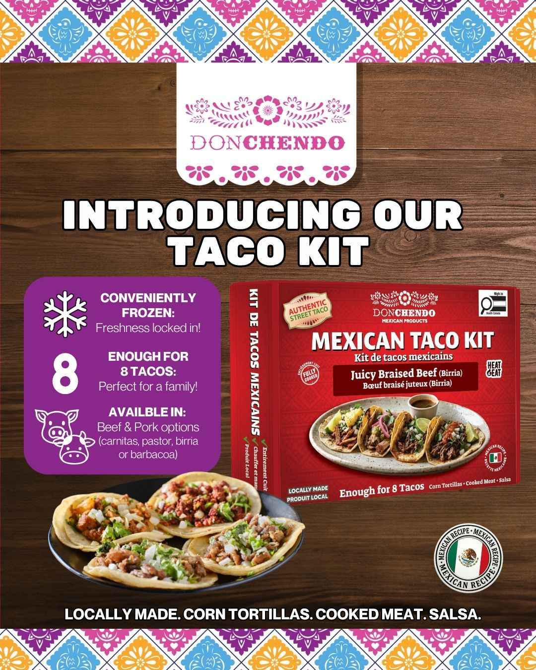 🌮🛒 New product alert!
Meet our Taco Kit! Your go-to for quick, delicious meal. Each box comes frozen and ready to make 8 flavorful tacos, with beef or pork options available.
Perfect for busy days, taco nights, or sharing with friends.
Just heat, assemble, and enjoy! 😋✨
Also available for wholesale, ideal for retailers and food businesses looking to bring authentic Mexican flavor to their customers.
.
.
.
.
#DonChendo #NewProduct #TacoKit #MexicanFlavors #EasyMeals #FrozenFood #TacoNight #FoodieCanada #BurnabyEats #ShopMexican #MealPrep #TasteOfMexico #WholesaleCanada #RetailAndWholesale #FoodDistributor #CanadianBusiness #MexicanCuisine #QuickMeals #ConvenientCooking #FoodService #RestaurantSupplies